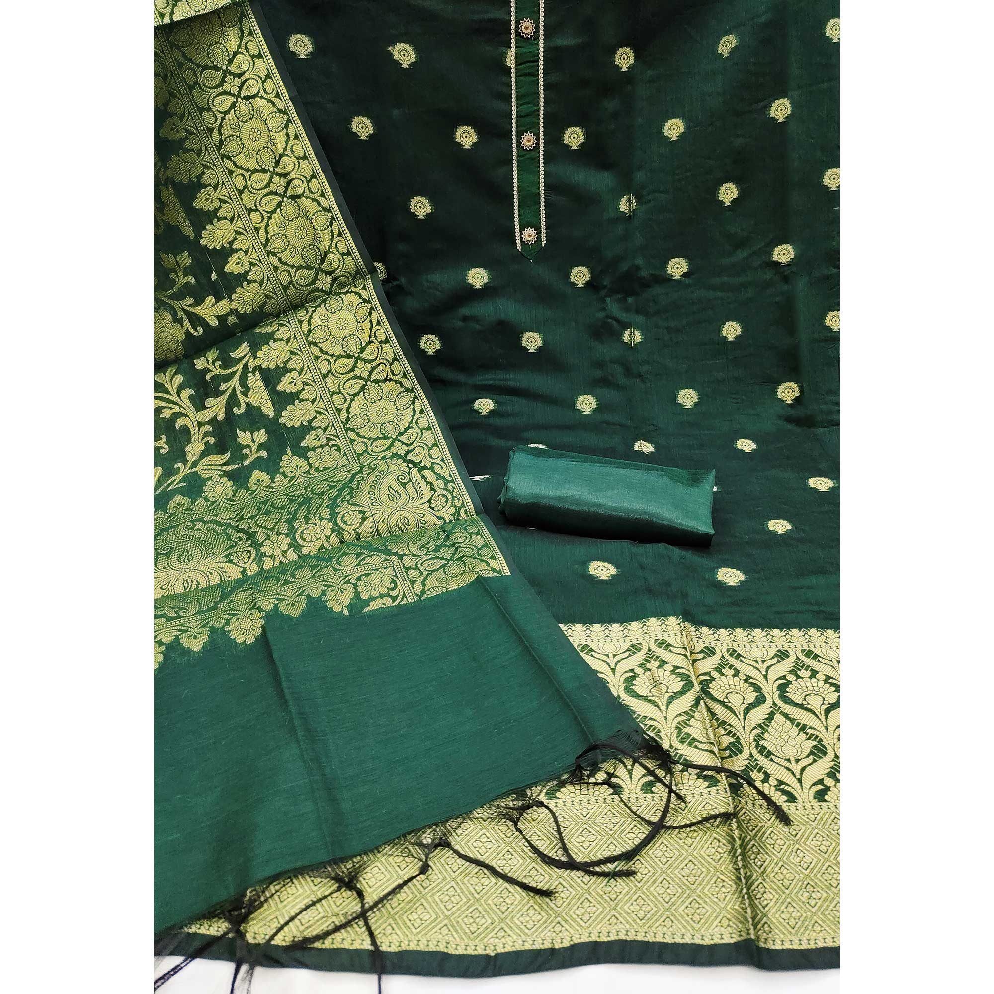 Green Floral Woven Banarasi Silk Dress Material