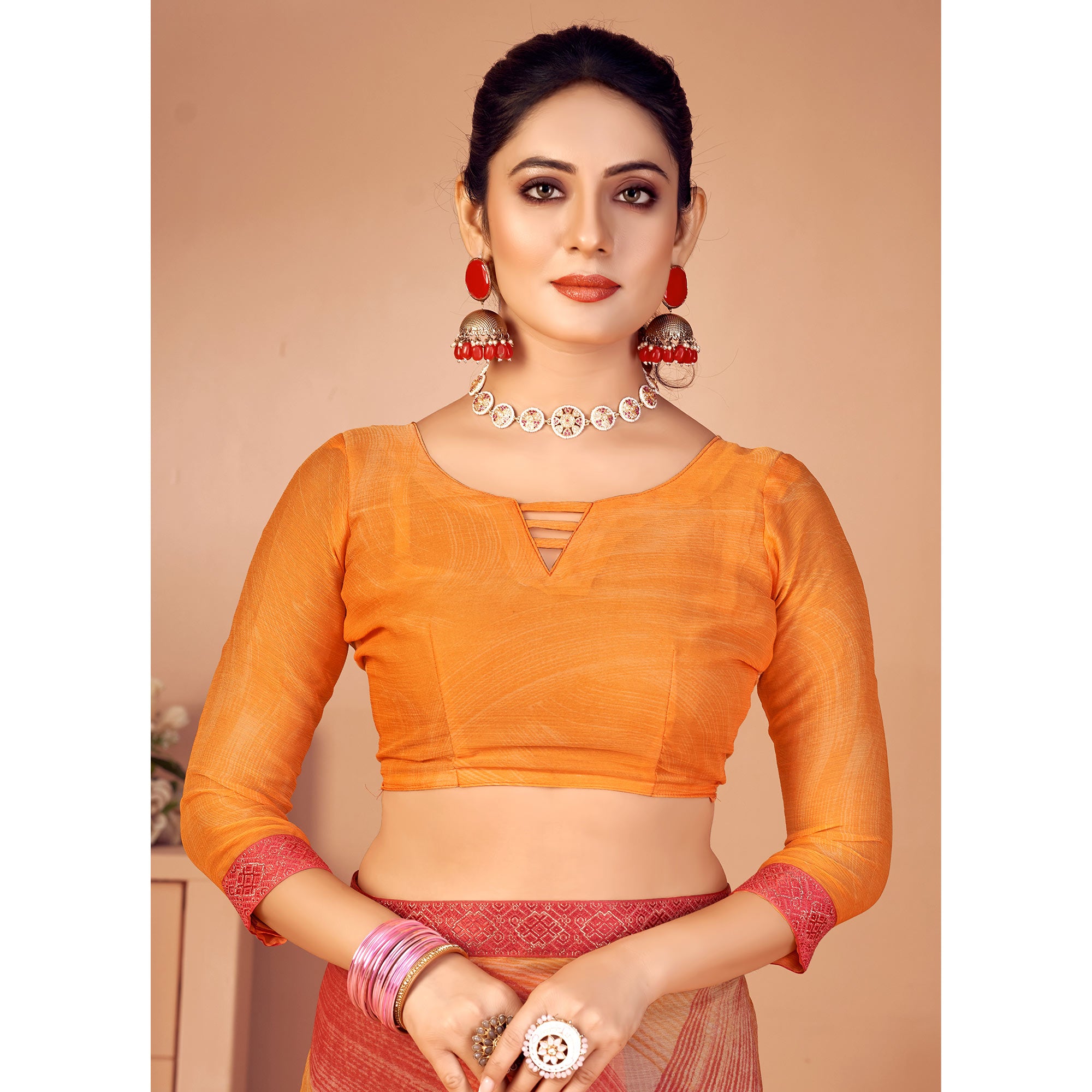 Orange Printed Chiffon Saree With Lace Border