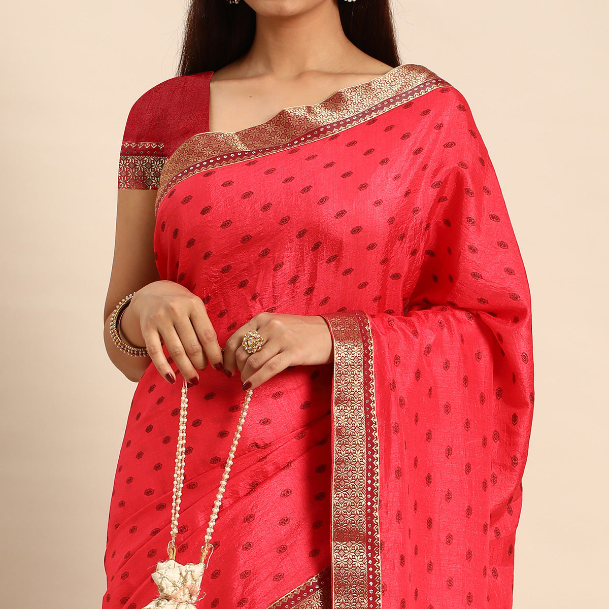 Pink Printed Vichitra Silk Saree