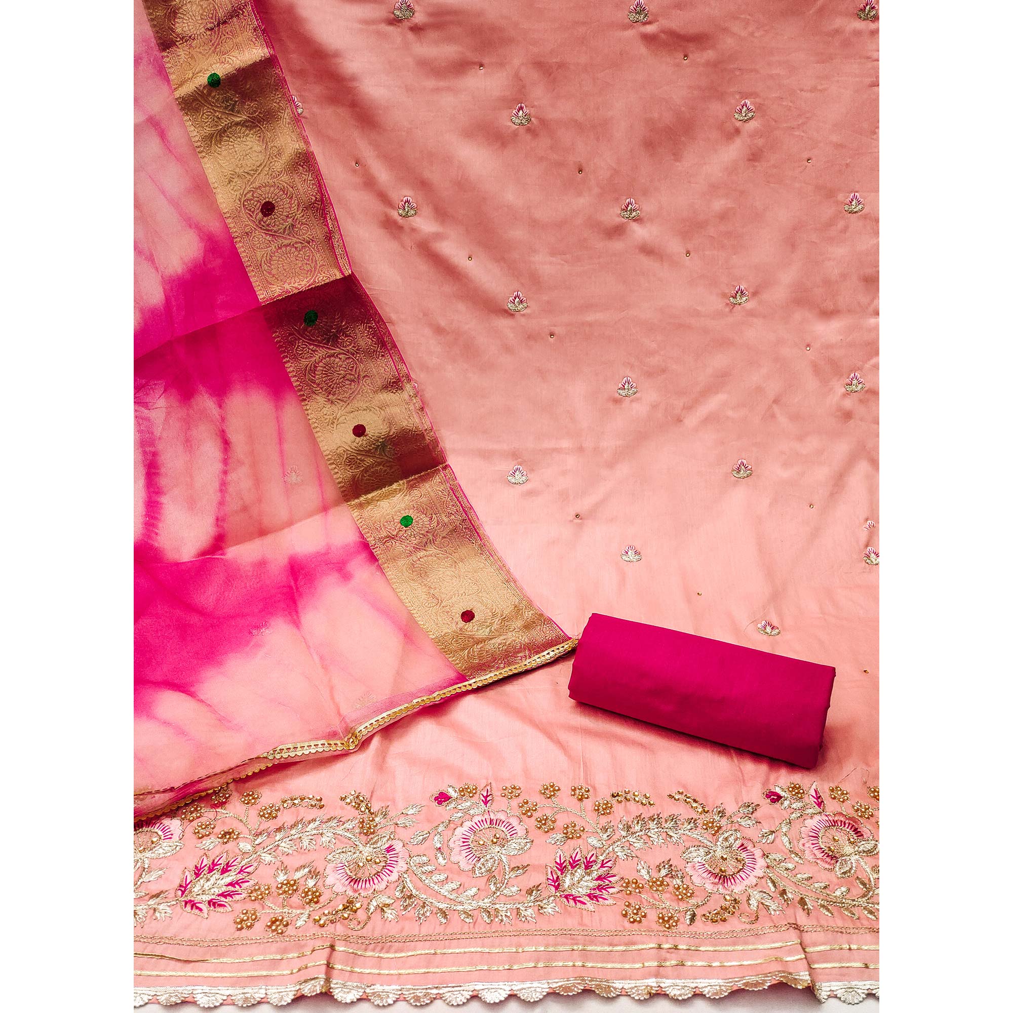 Peach Floral Embroidered Pure Cotton Dress Material