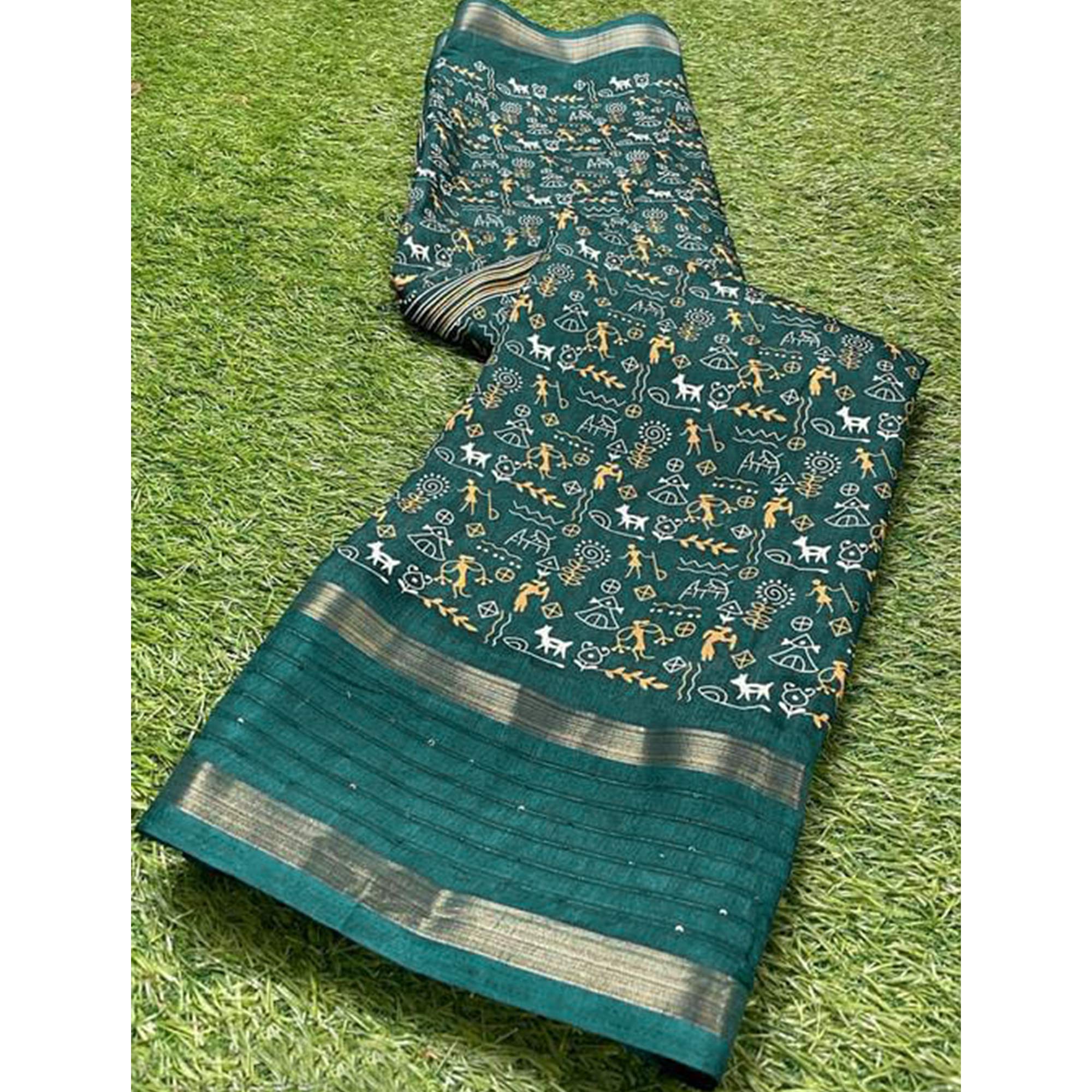 Rama Green Warli Printed Georgette Saree