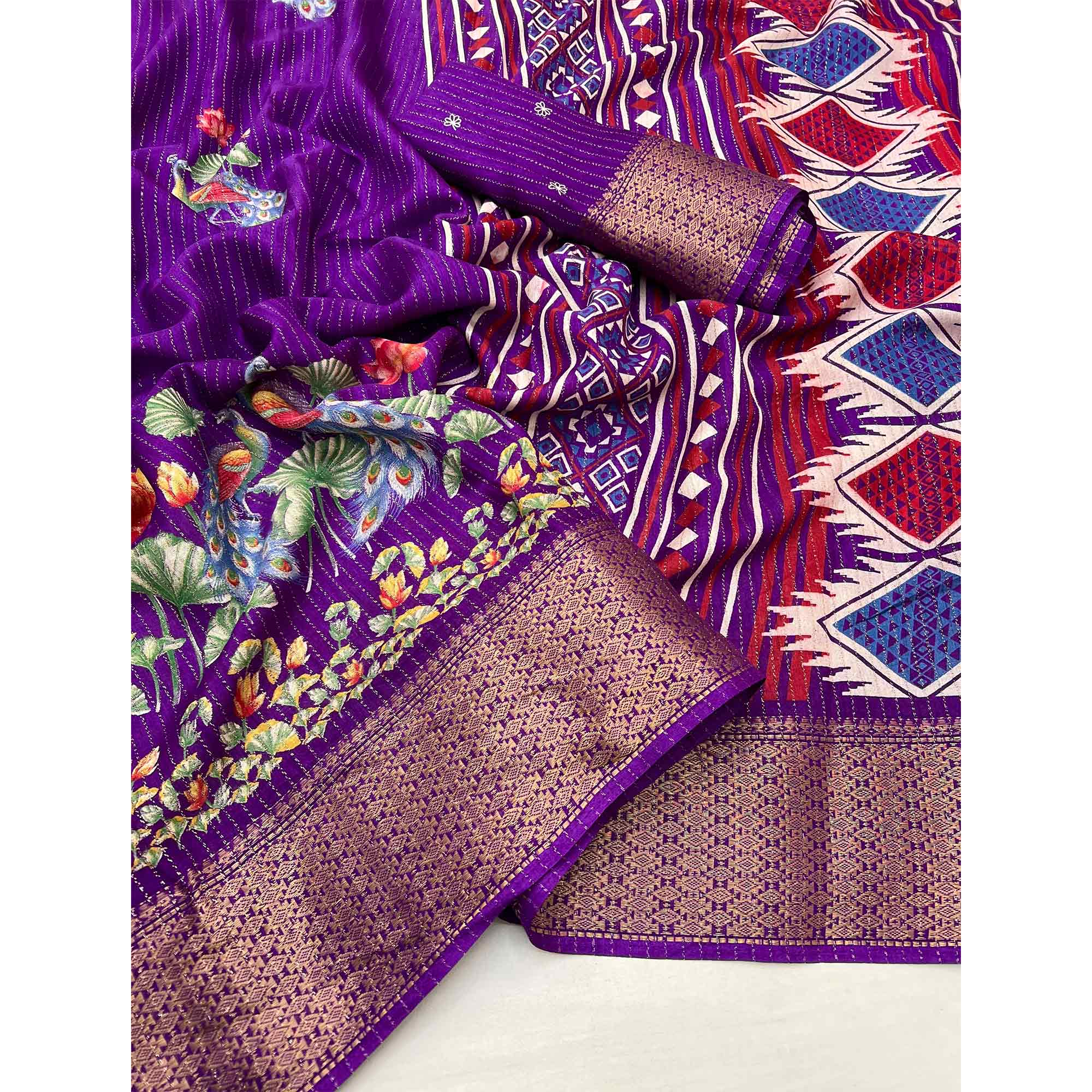 Purple Floral Printed Dola Silk Saree With Jacquard Border