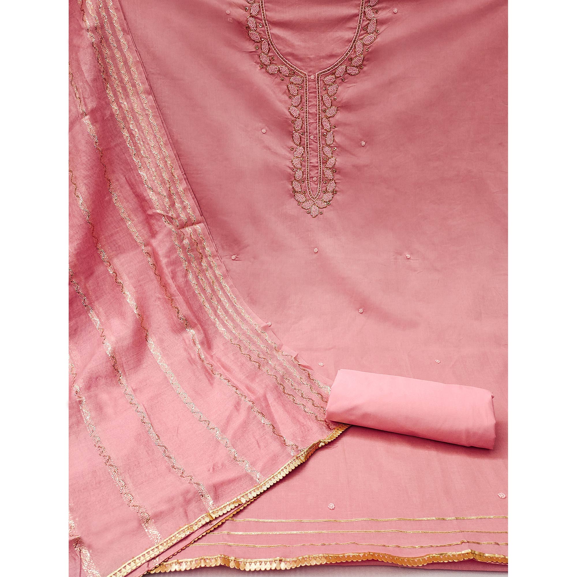 Peach Zardosi Moti Work Pure Cotton Dress Material
