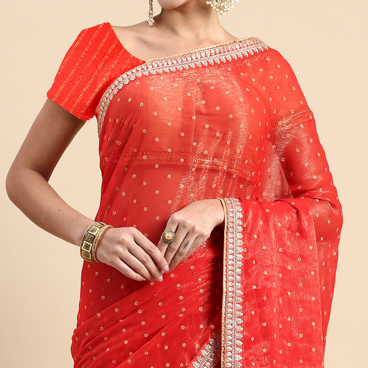 Red Foil Printed With Embroidered Border Chiffon Saree