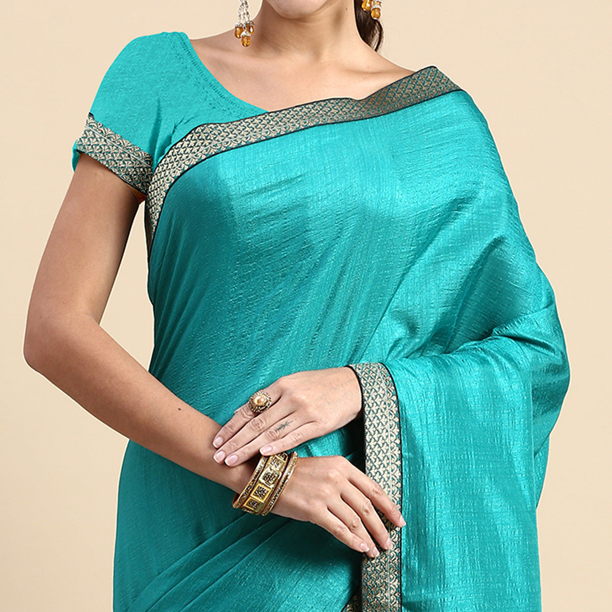 Turquoise Blue Solid Vichitra Silk Saree With Fancy Border