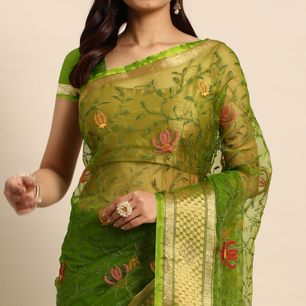 Green Floral Embroidered Organza Saree