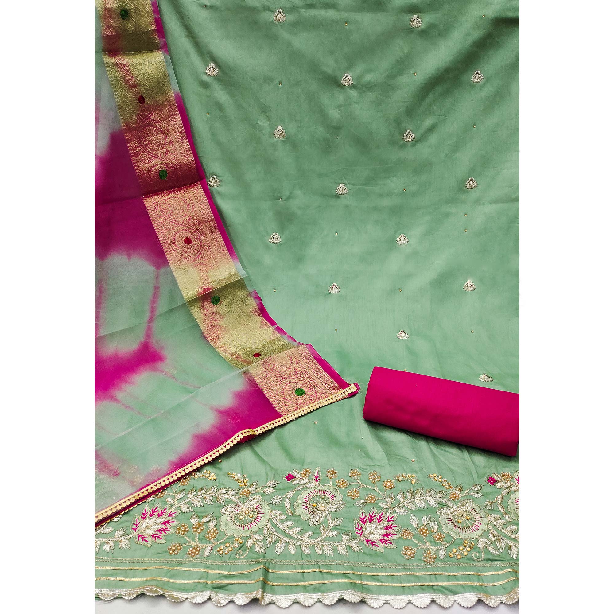 Green Floral Embroidered Pure Cotton Dress Material