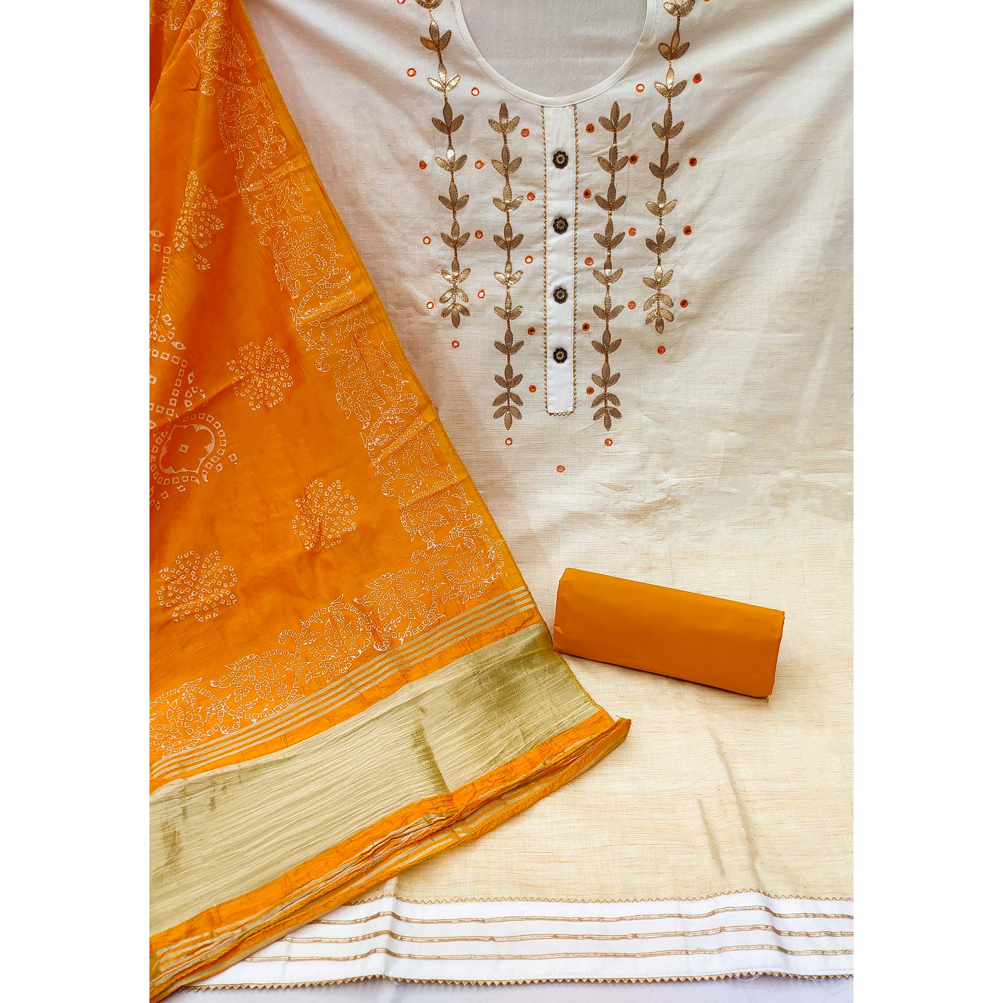 White & Orange Floral Gota Patti Work Pure Cotton Dress Material