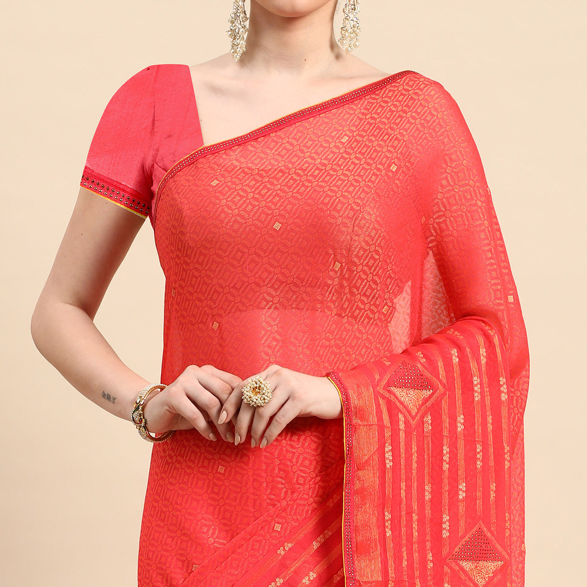 Pink Foil Printed With Swarovski Brasso Saree