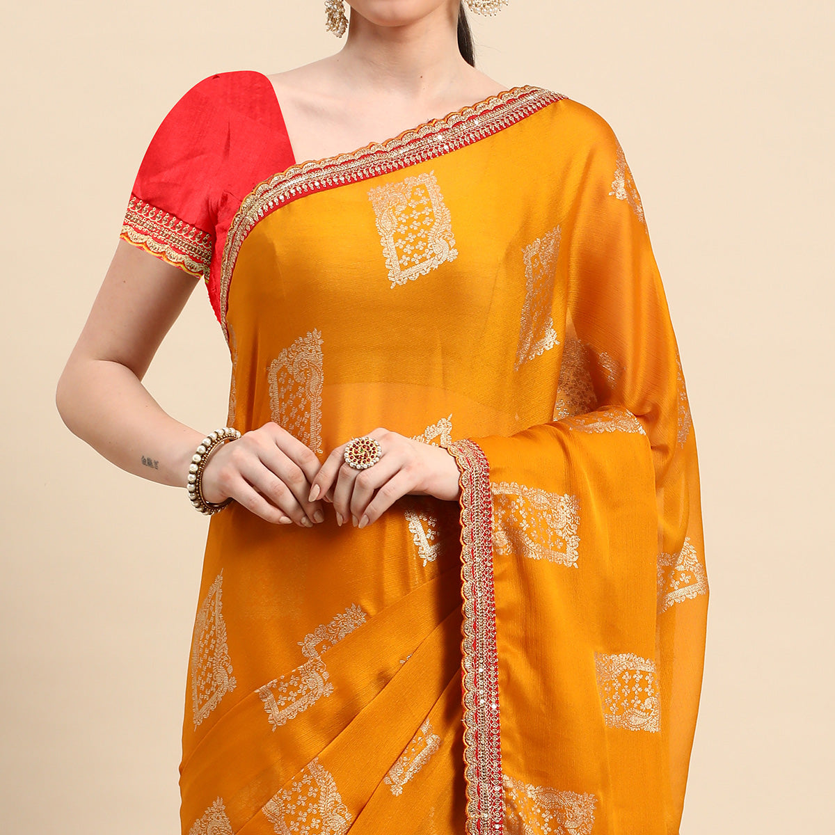 Yellow Foil Printed With Embroidered Border Chiffon Saree