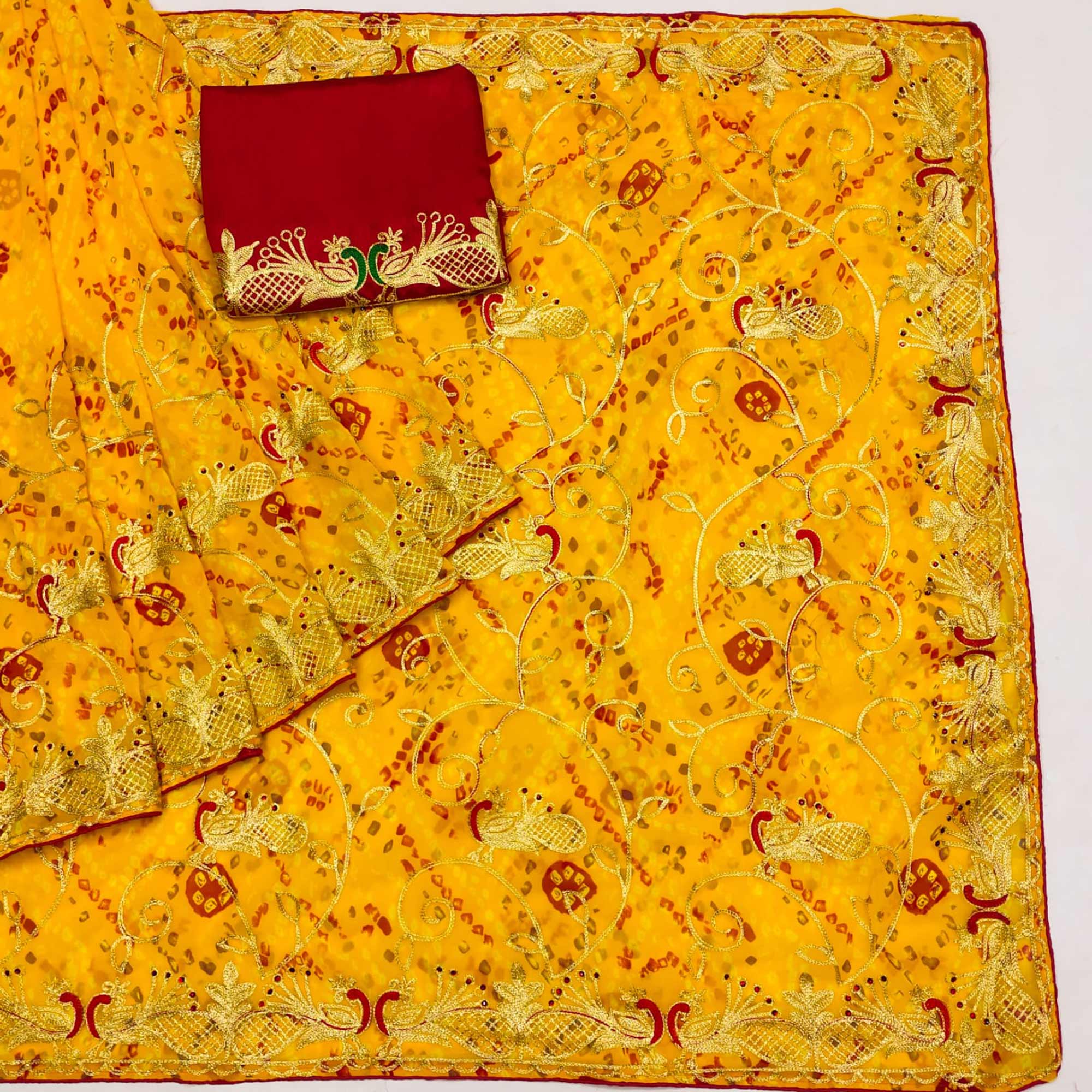 Yellow Bandhani Printed With Embroidered Georgette Saree