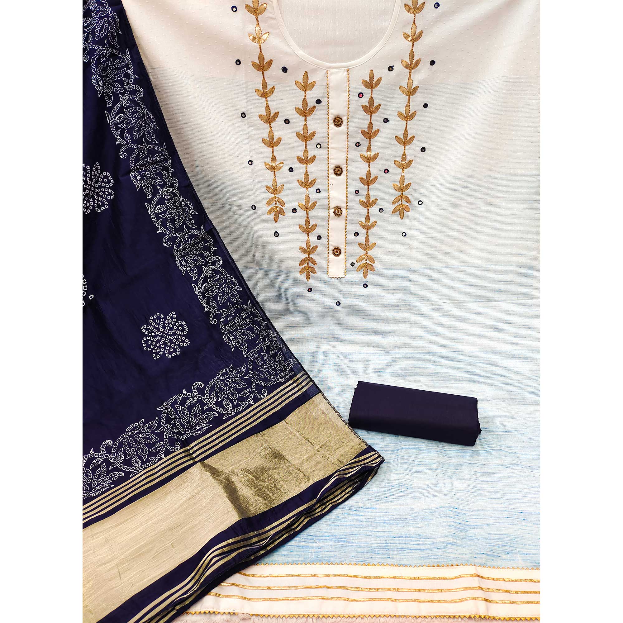 White & Blue Floral Gota Patti Work Pure Cotton Dress Material