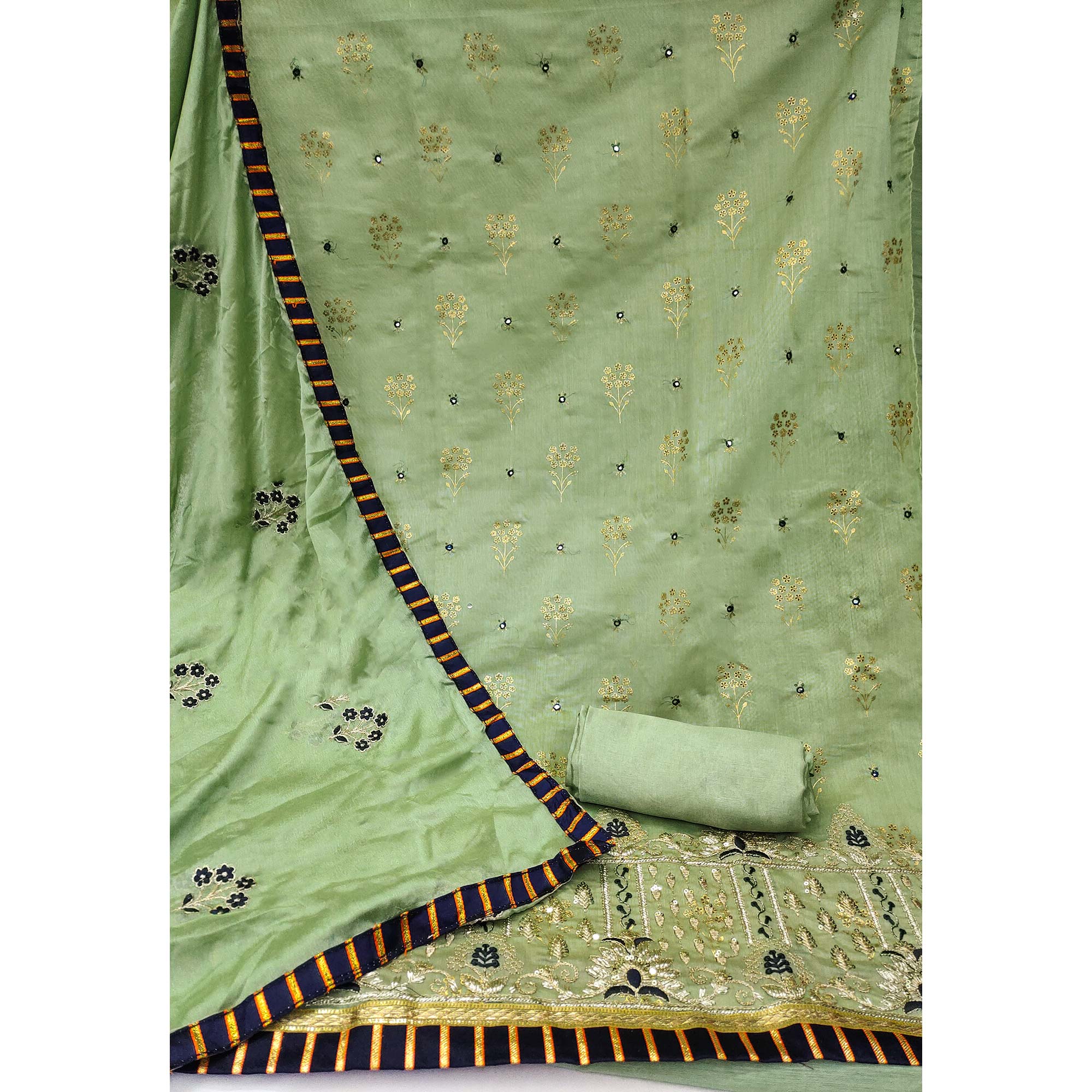 Green Floral Printed With Embroidery Modal Dress Material