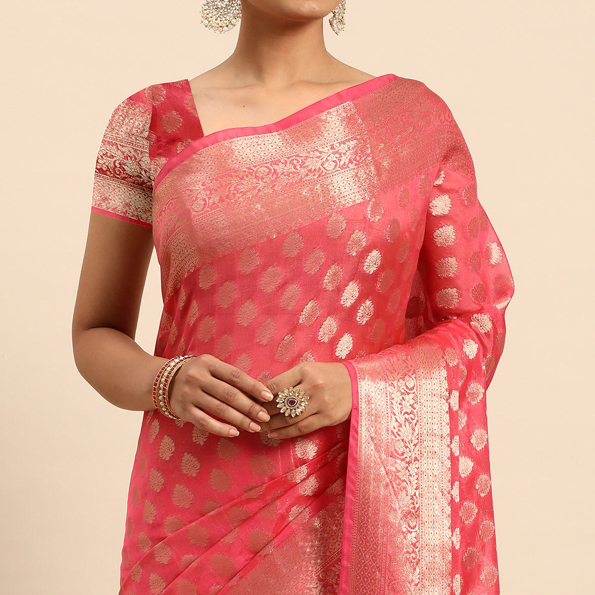 Gajari Pink Woven Organza Silk Saree With Tassels