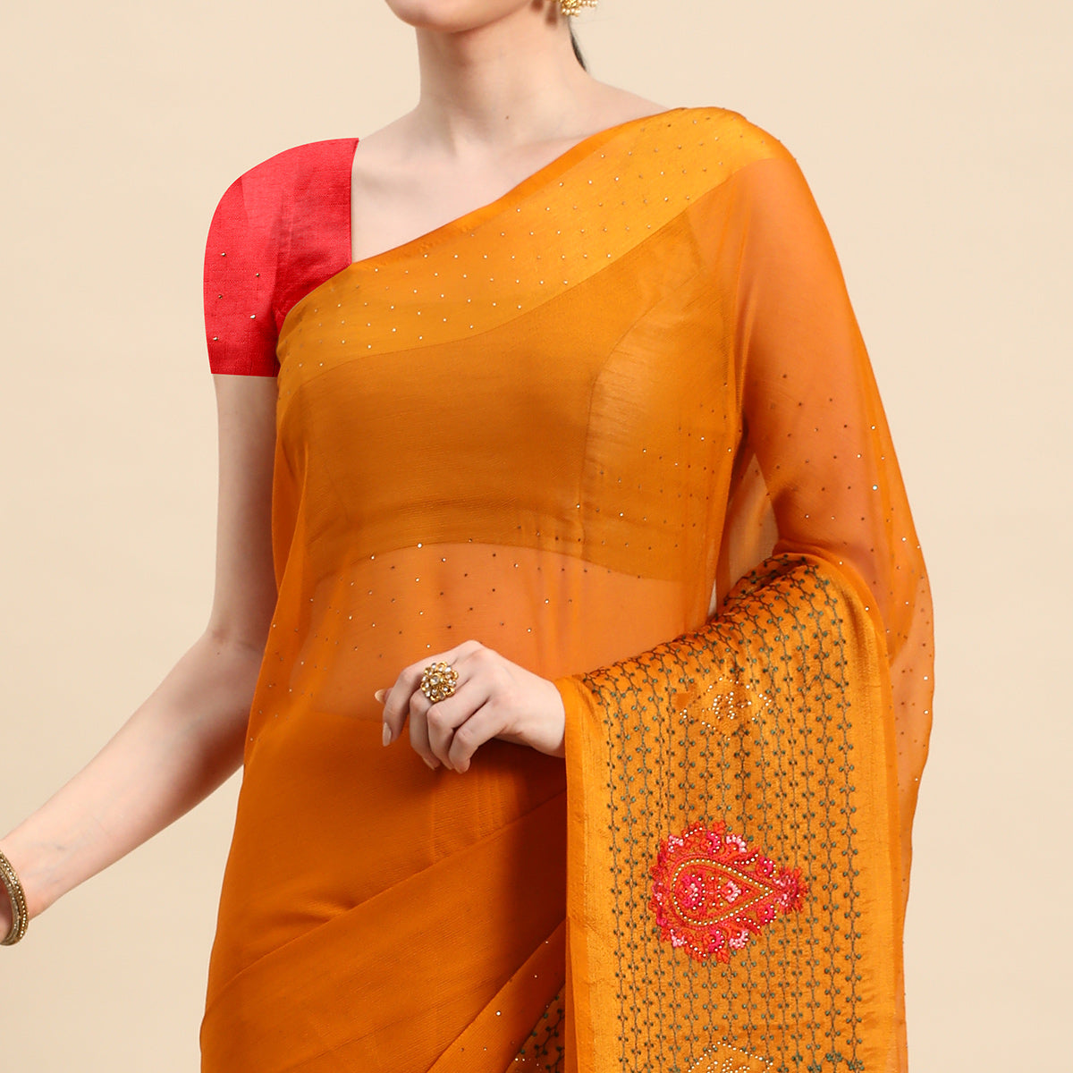 Yellow Swarovski With Embroidery Work Viscose Chiffon Saree