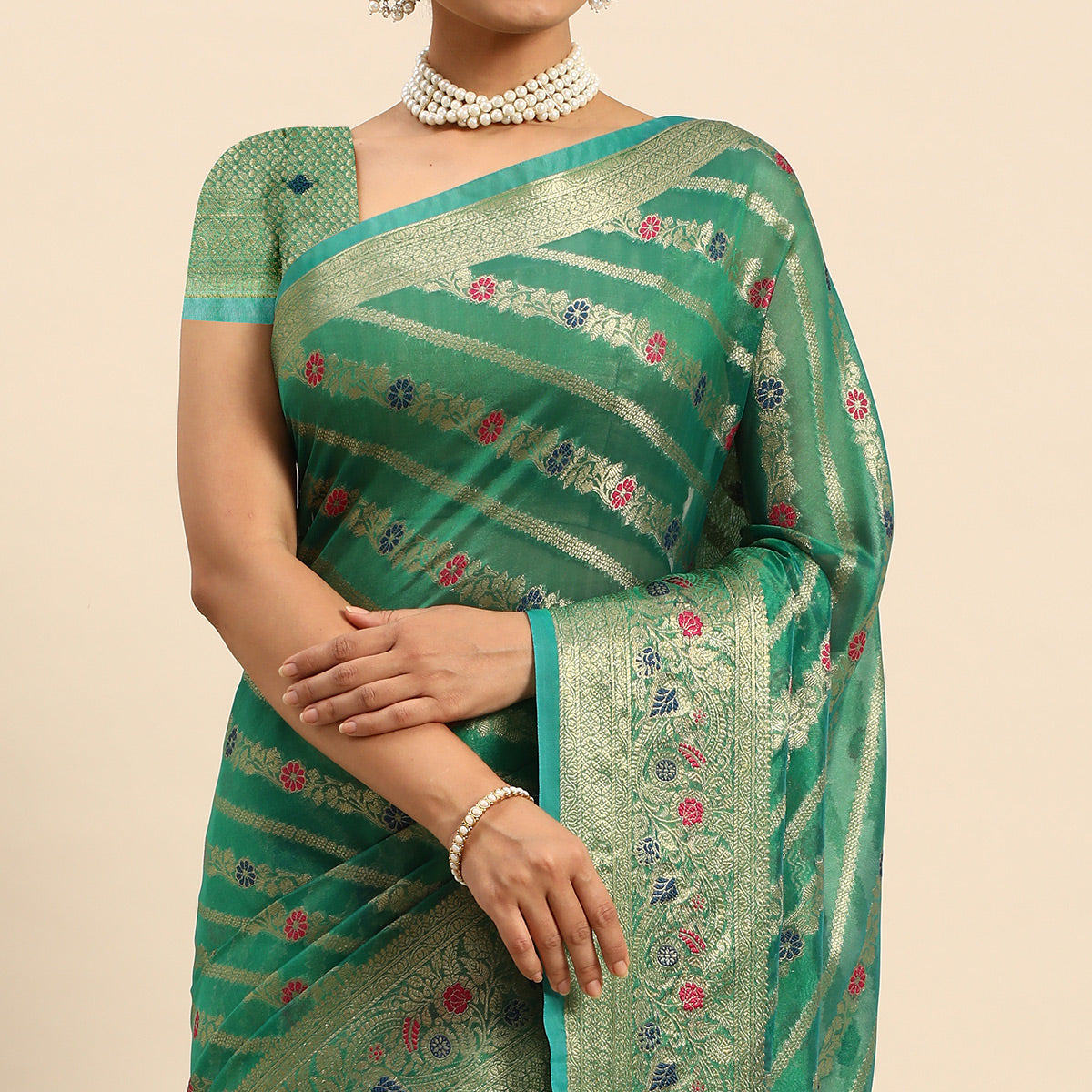 Green Floral Woven Organza Silk Saree