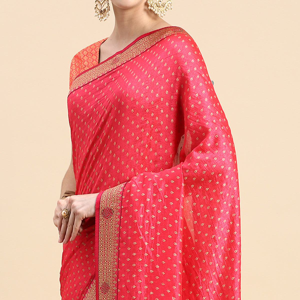 Pink Foil Printed With Swarovski Vichitra Silk Saree