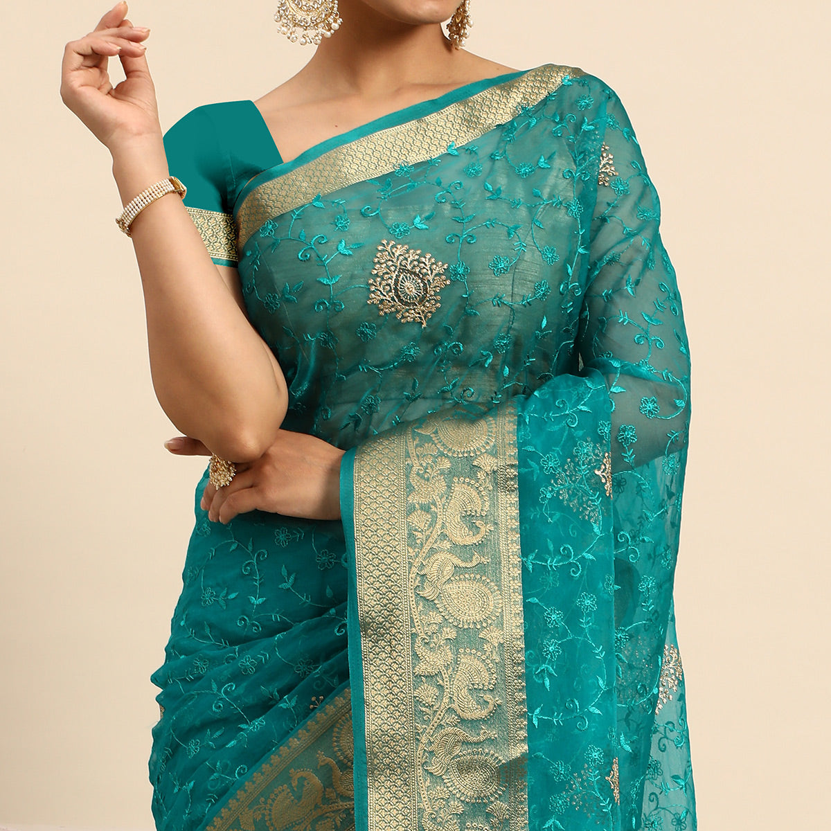 Blue Floral Embroidered Organza Saree