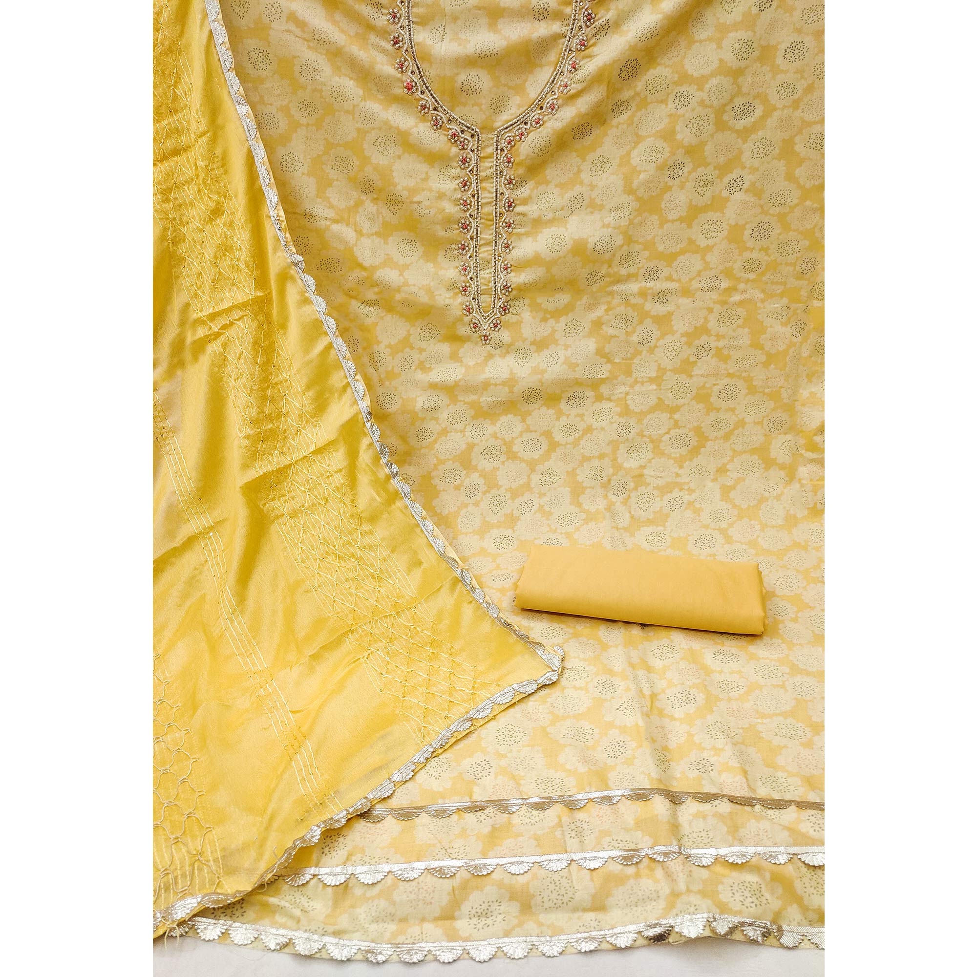 Yellow Printed With Motiwork Pure Cotton Dress Material