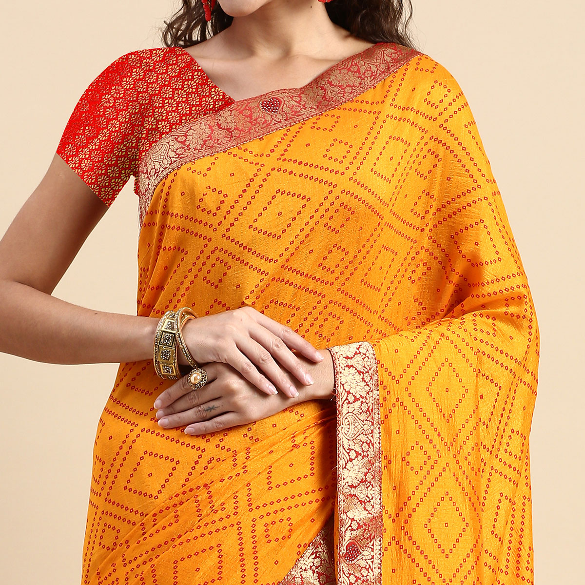 Yellow Foil Printed With Swarovski Vichitra Silk Saree