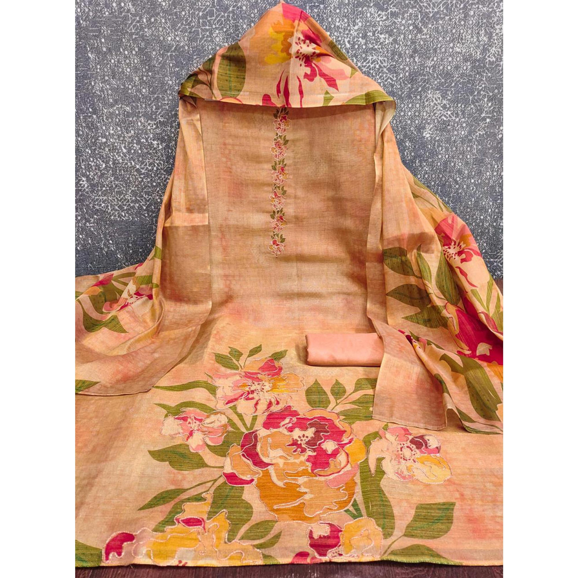 Peach Silk Blend Dress Material With Floral Print Accents & Delicate Thread Embroidery