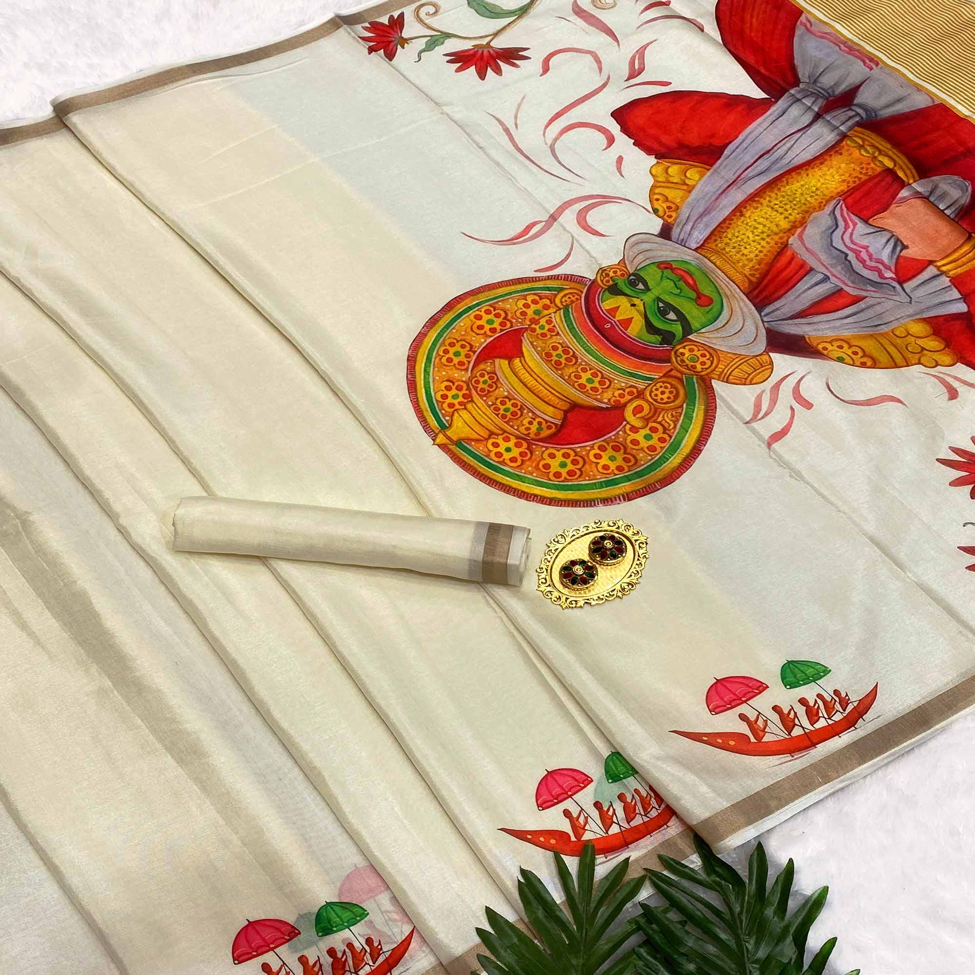 Designer Off White Soft Tussar Cotton Silk Saree with Kathakali Artwork