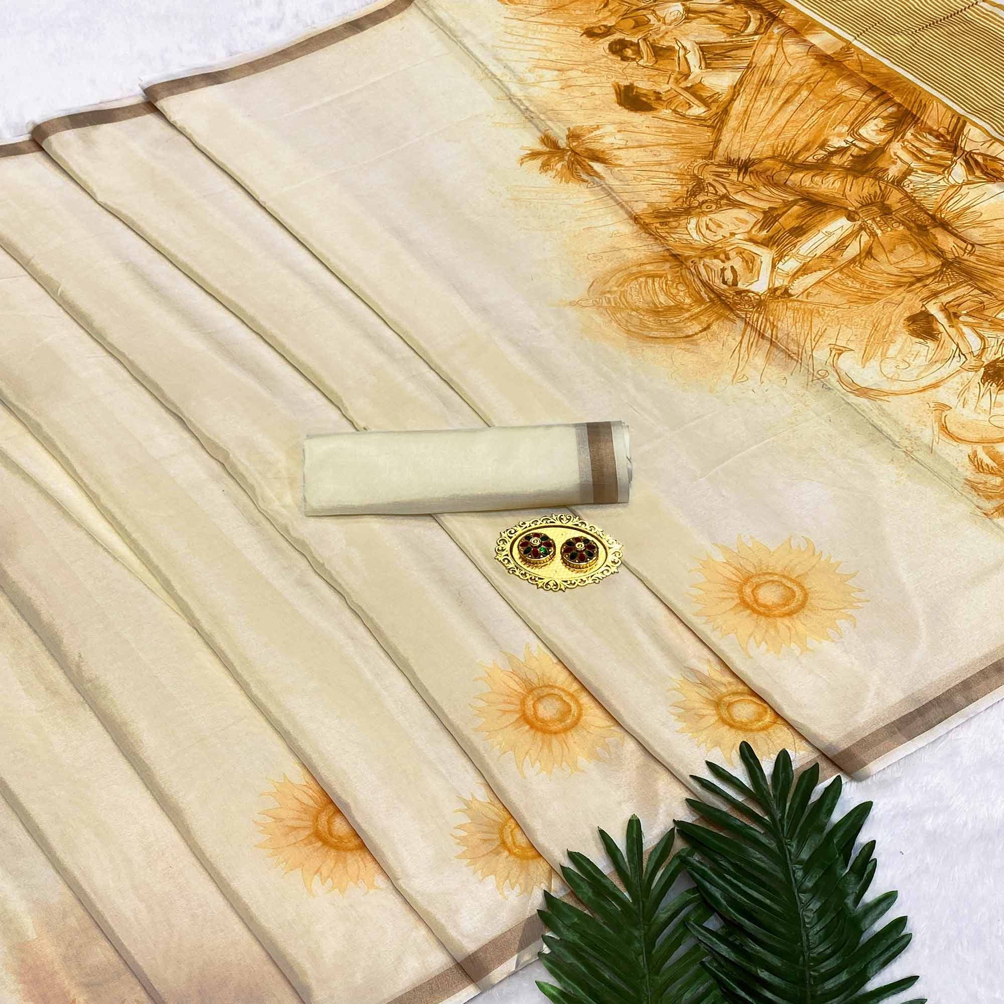 Off White Admirable Floral Printed Soft Tussar Cotton Silk Saree