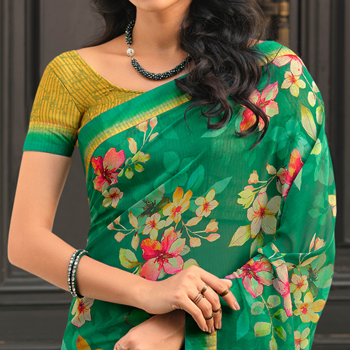 Green Floral Printed Georgette Saree