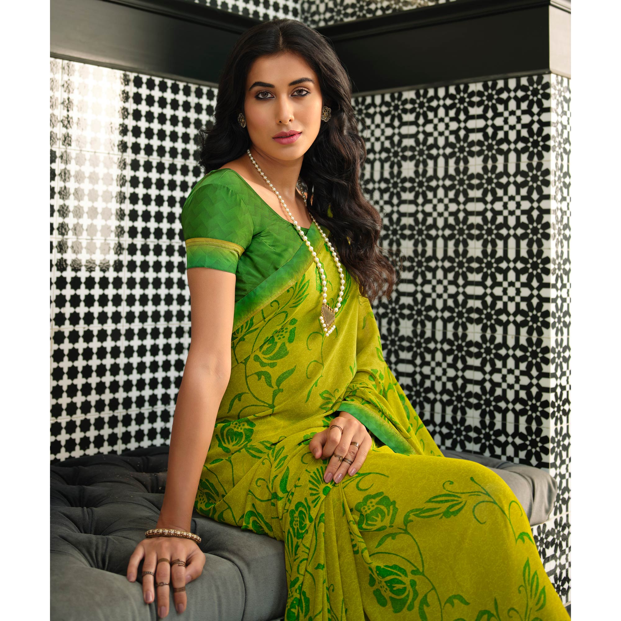 Lemon Green Floral Printed Georgette Saree