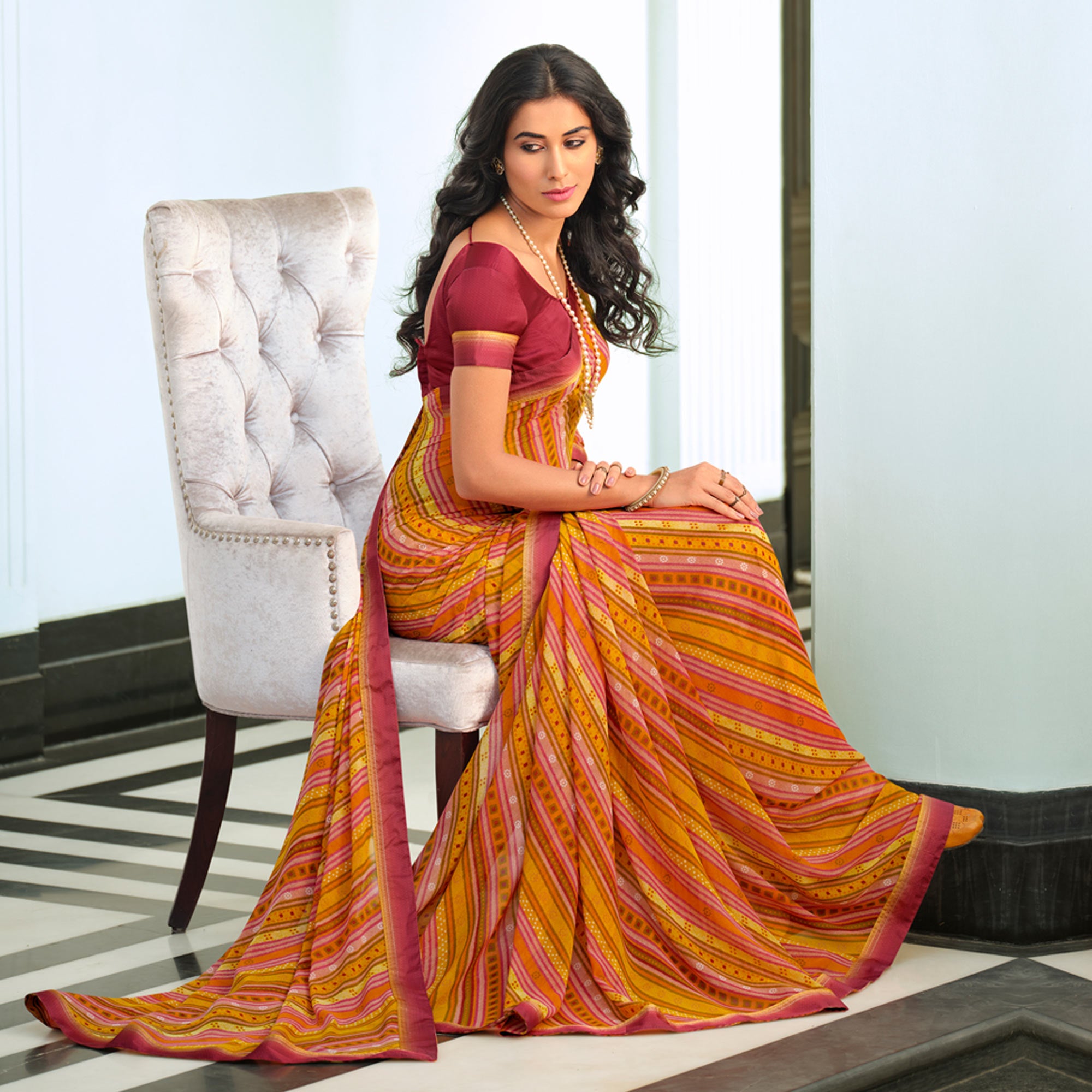 Orange Printed Georgette Saree