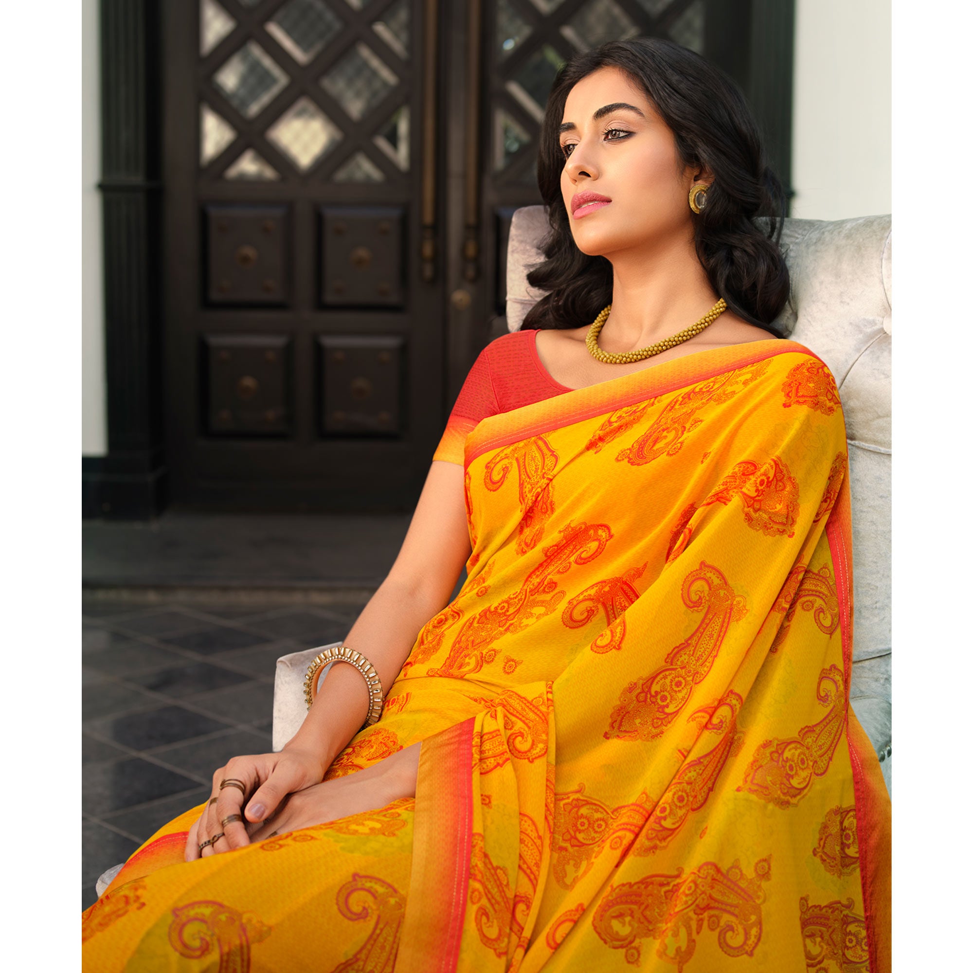 Yellow Floral Printed Georgette Saree