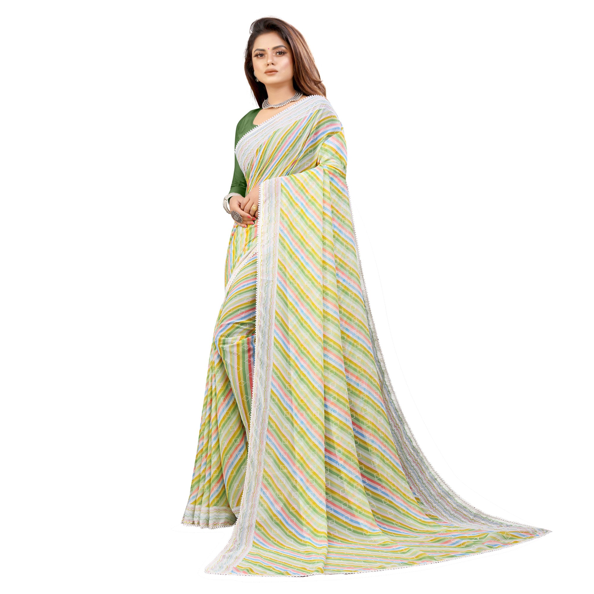 Green Striped Printed Georgette Saree