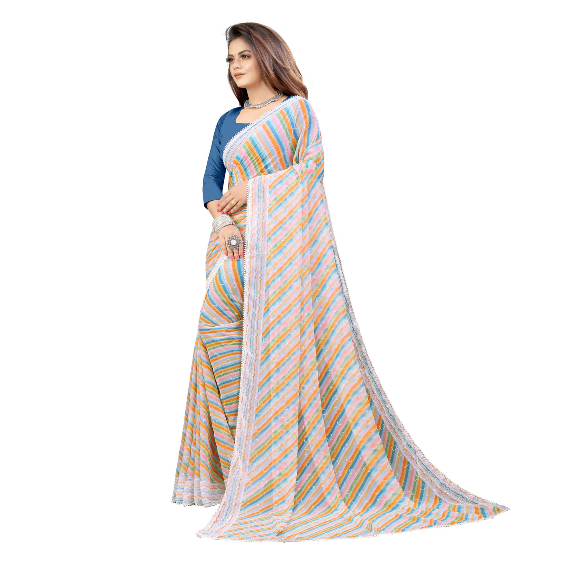 Grey Striped Printed Georgette Saree