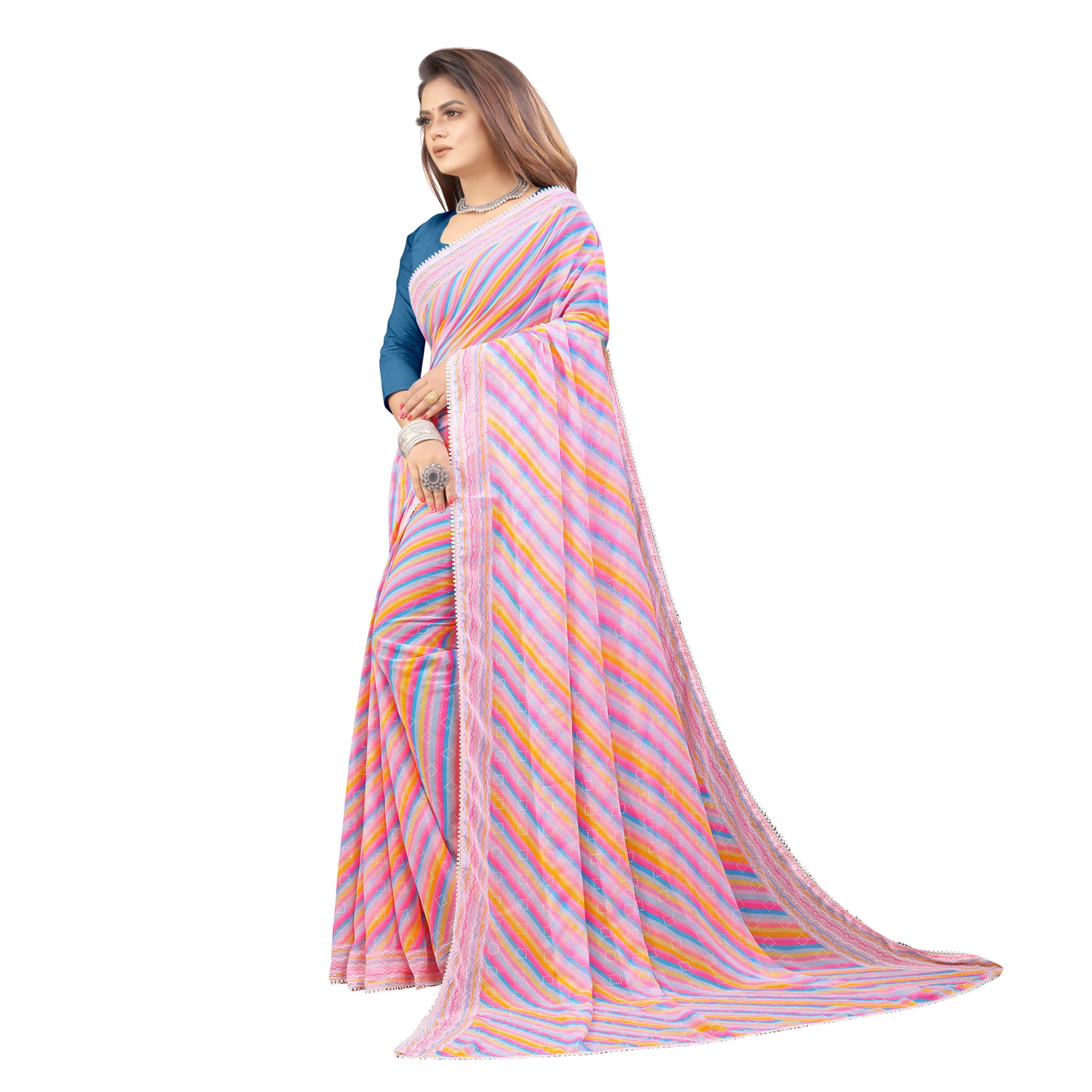 Pink Striped Printed Georgette Saree