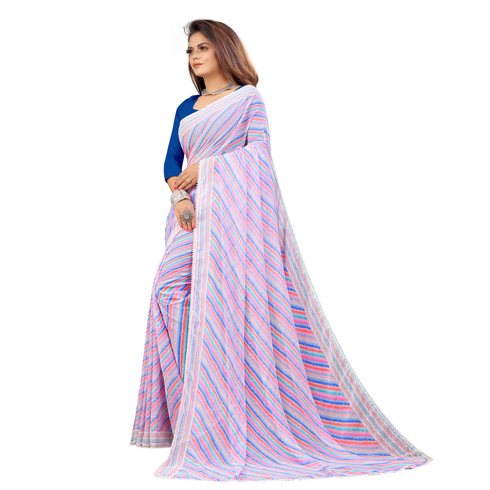 Purple Striped Printed Georgette Saree