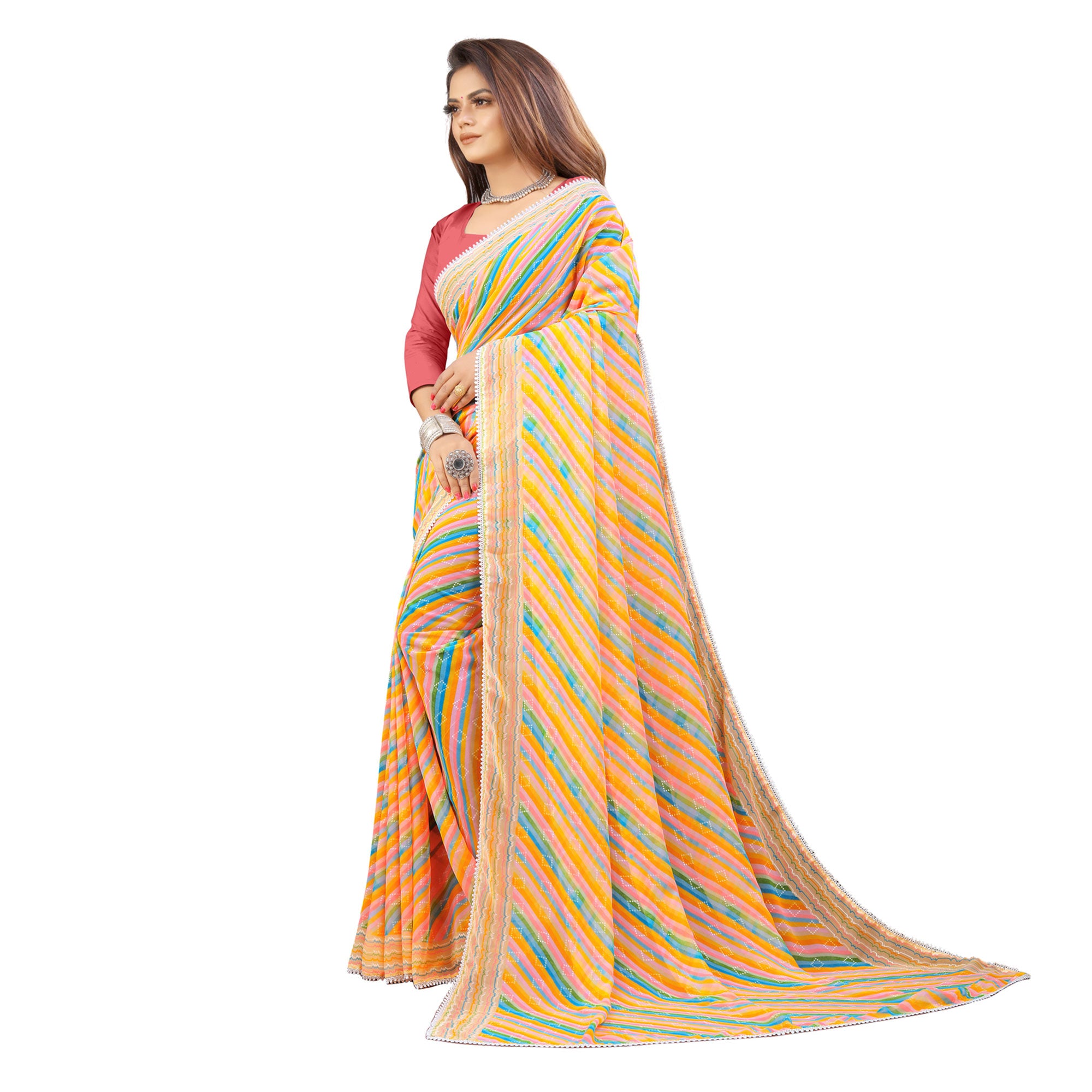 Yellow Striped Printed Georgette Saree