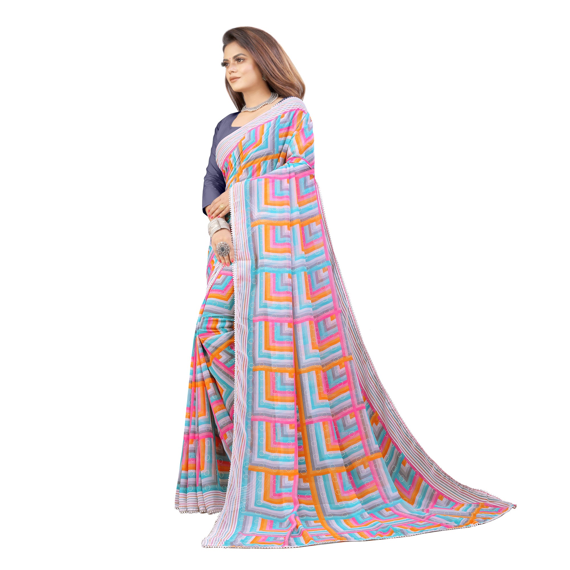 Blue & Grey Checked Printed Georgette Saree