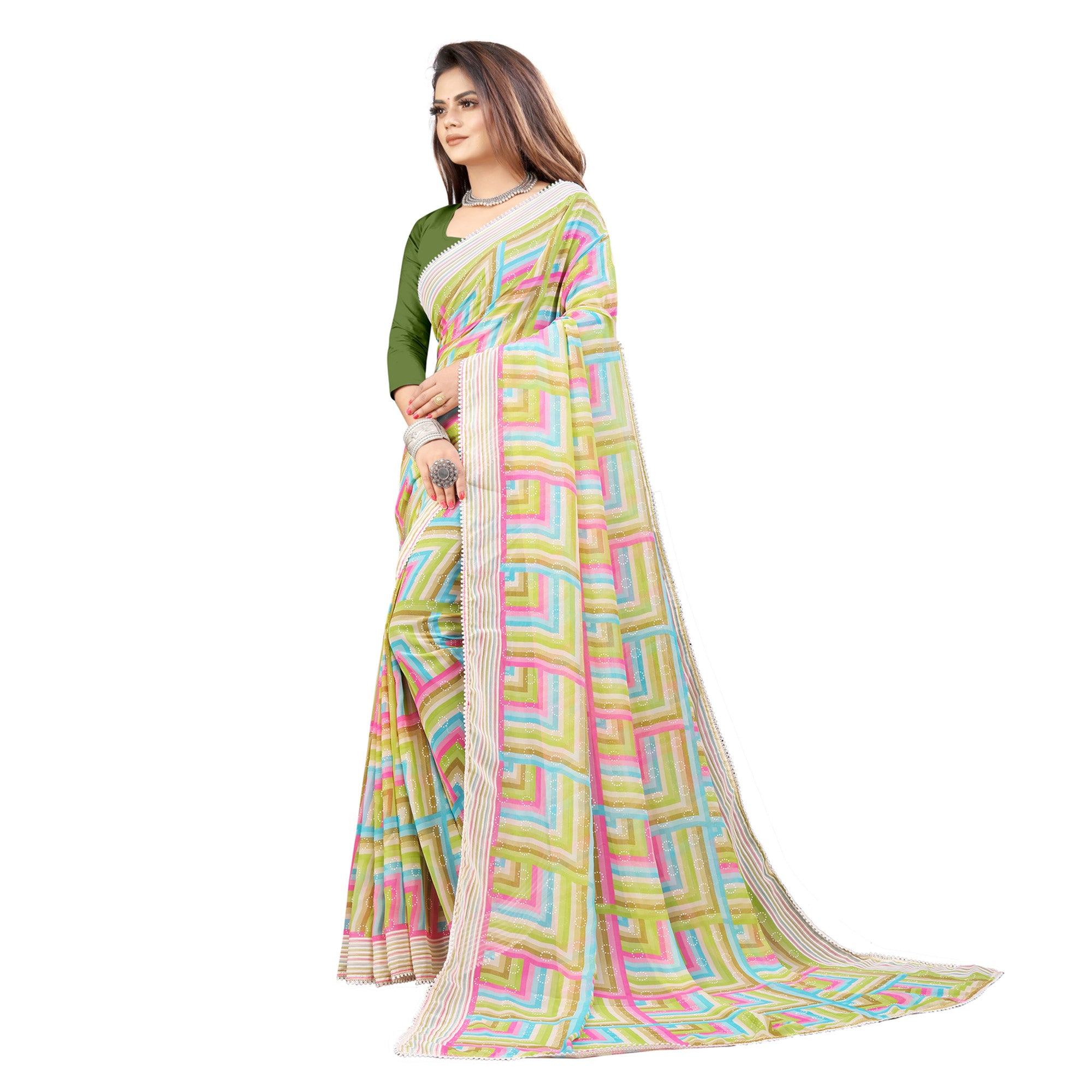 Light Green Checked Printed Georgette Saree