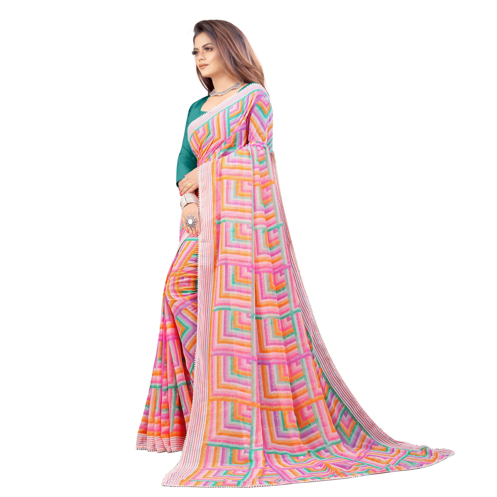 Pink Checked Printed Georgette Saree