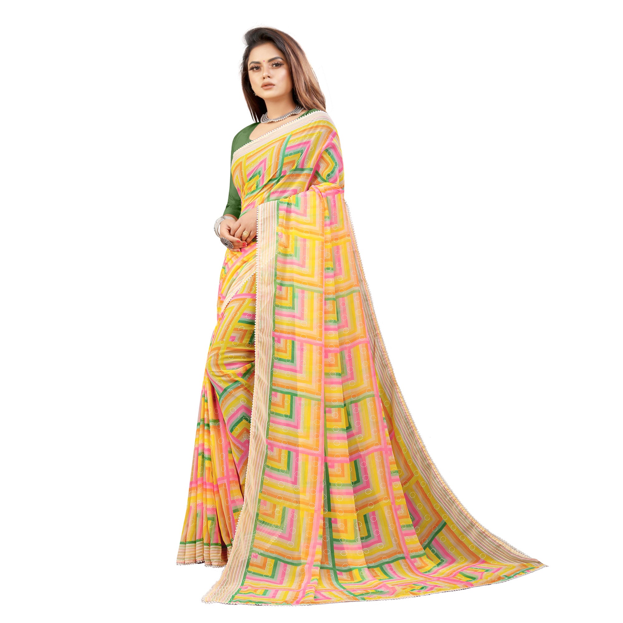 Yellow Checked Printed Georgette Saree