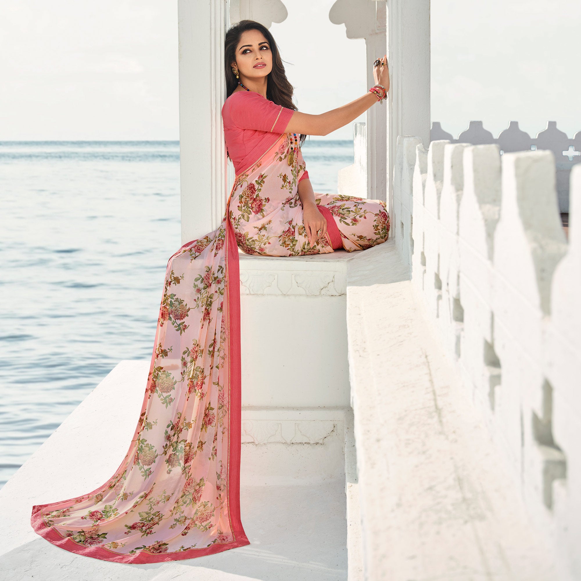 Light Pink Floral Printed With Embroidered Border Georgette Saree
