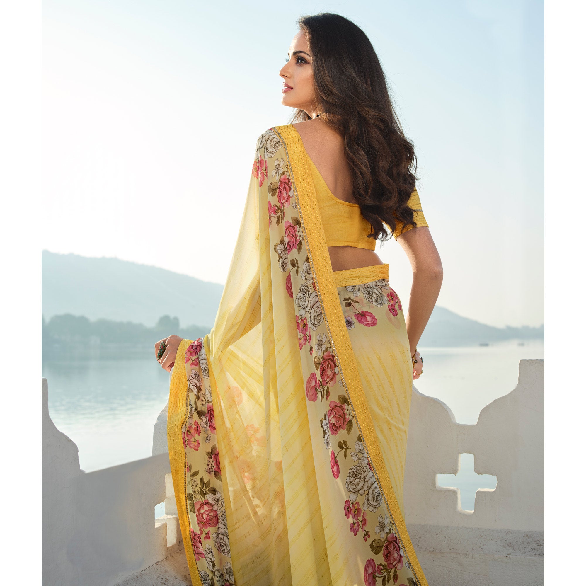 Yellow Floral Printed With Embroidered Border Georgette Saree