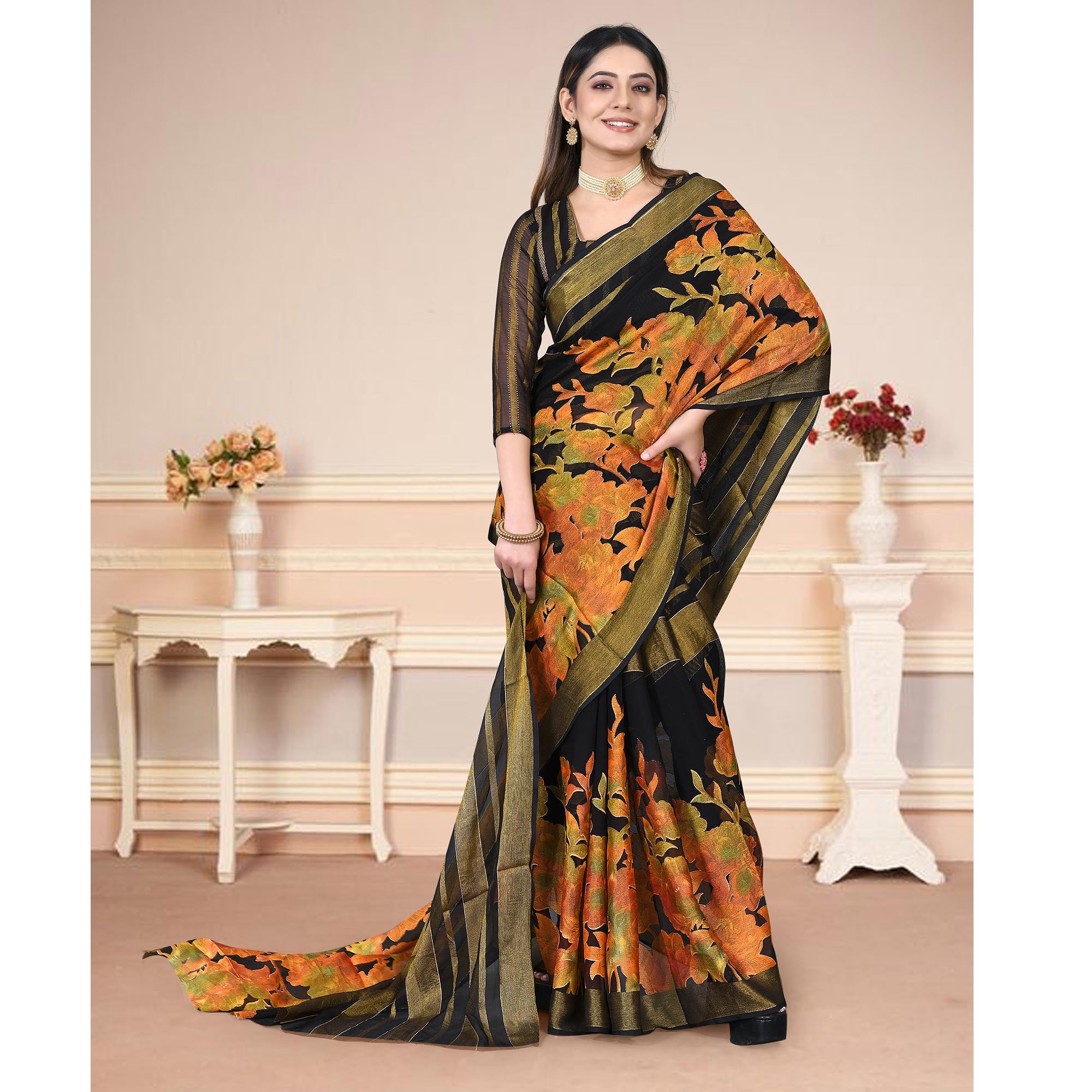 Black Floral Printed With Zari Work Brasso Saree