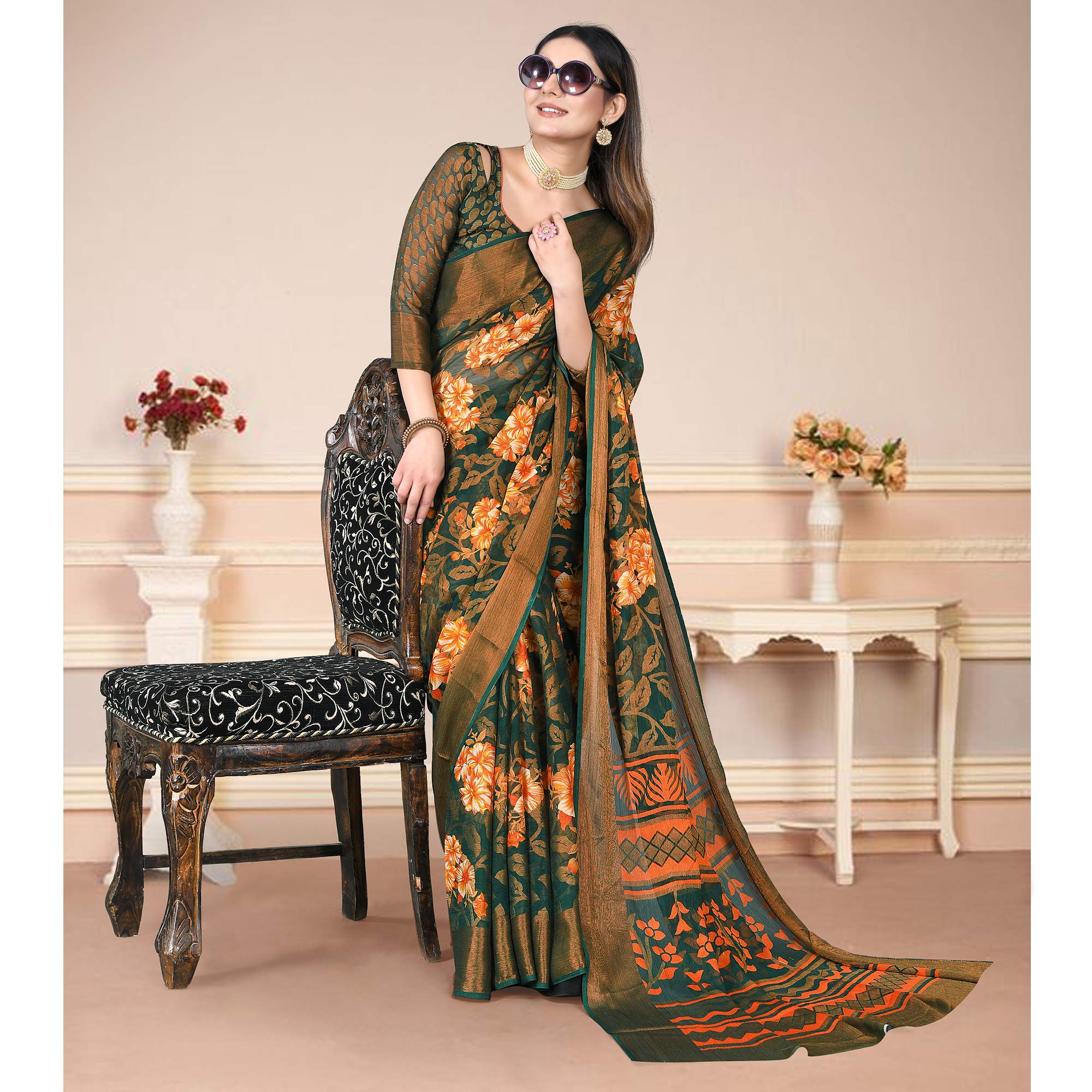 Green & Orange Floral Printed With Zari Work Brasso Saree