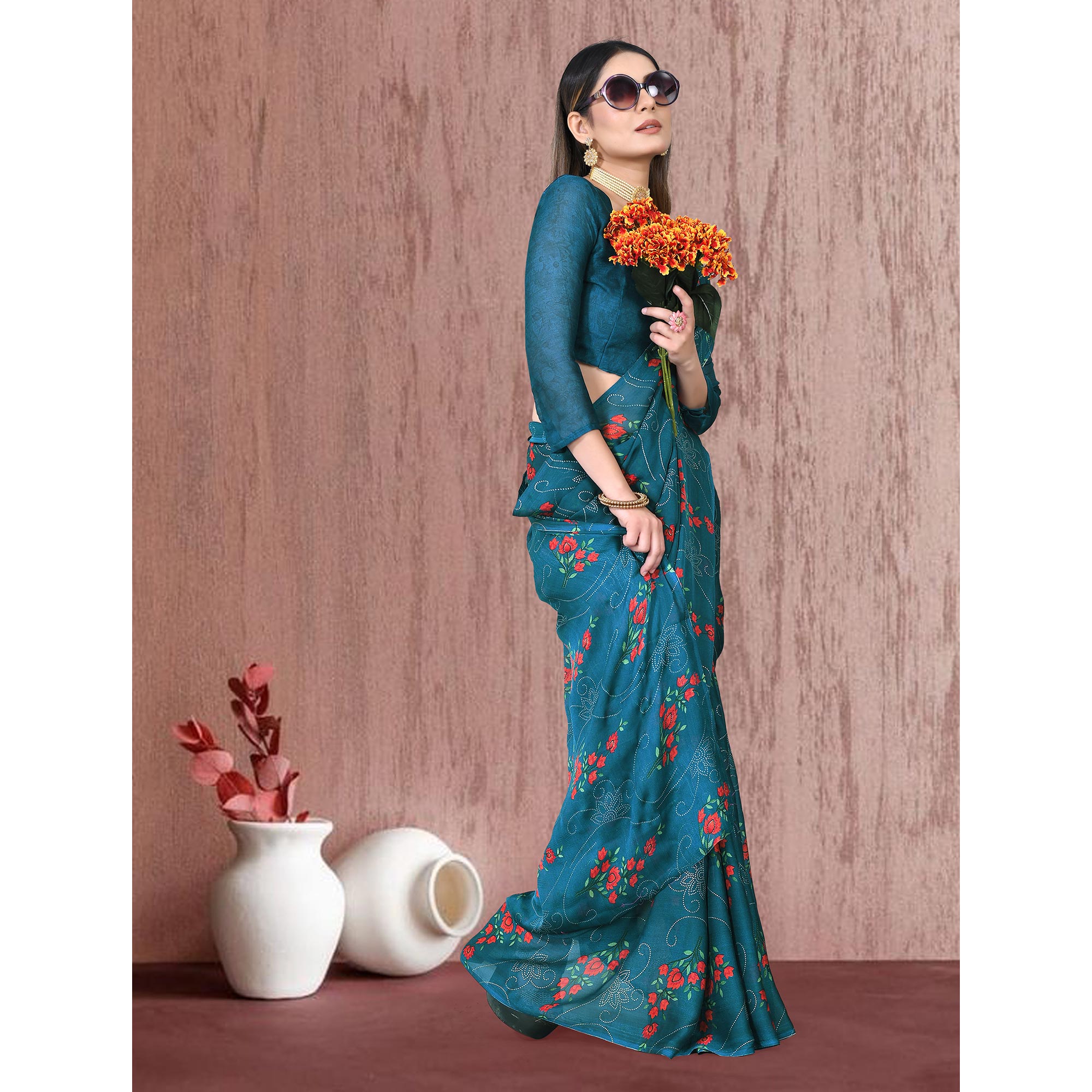 Blue Floral Printed Chiffon Saree