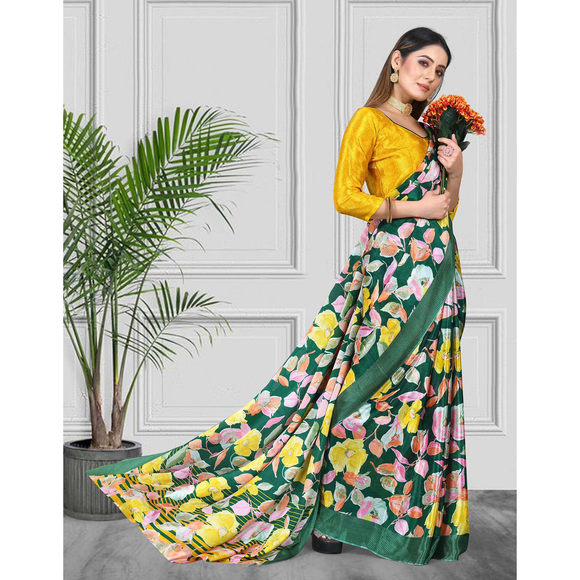 Green & Yellow Floral Printed Chiffon Saree