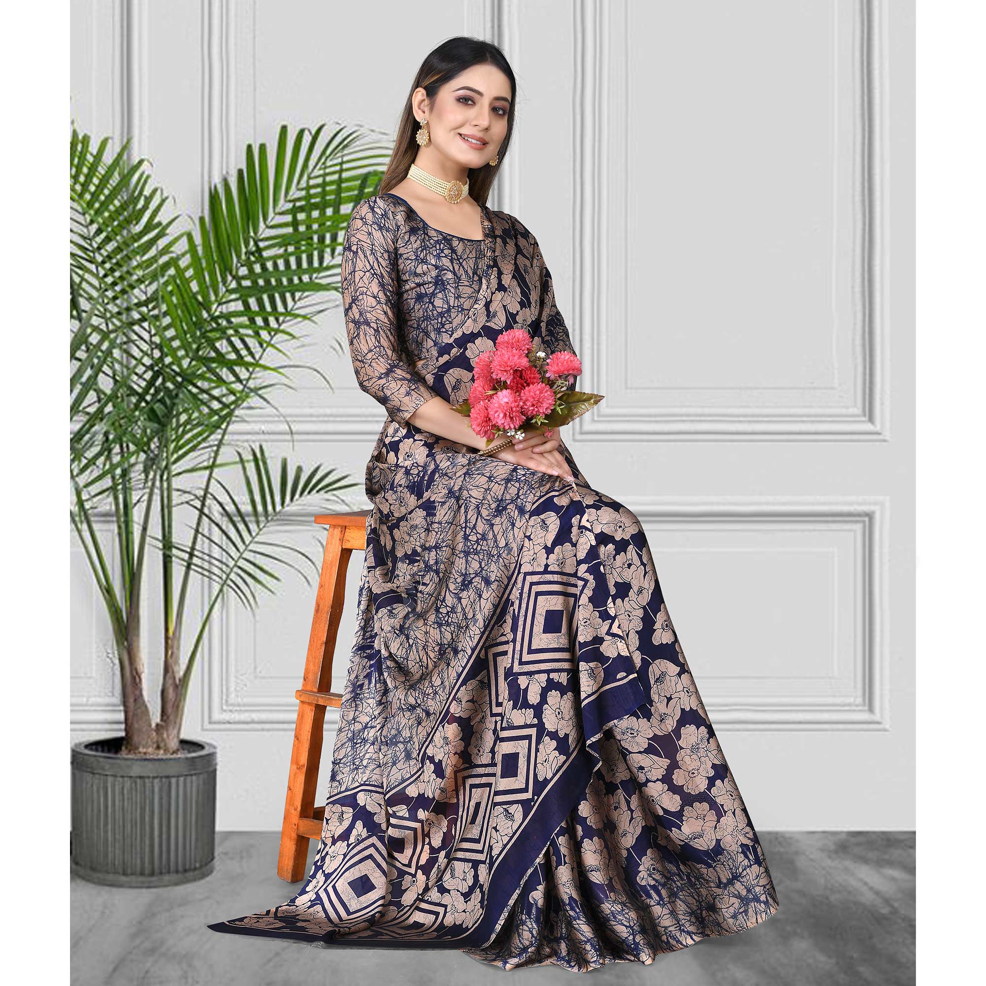 Navy Blue Floral Printed Chiffon Saree