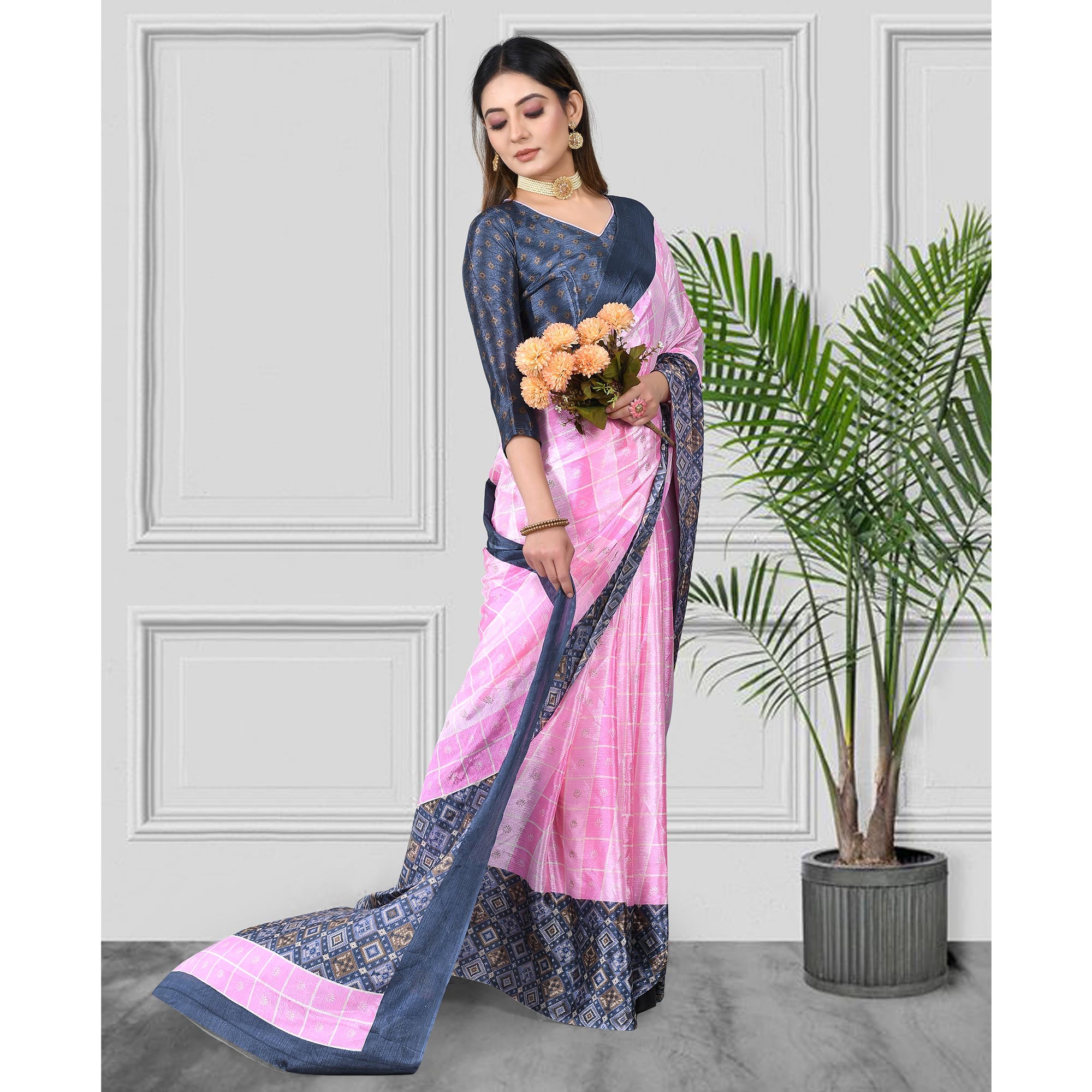 Pink & Grey Geometric Printed Chiffon Saree