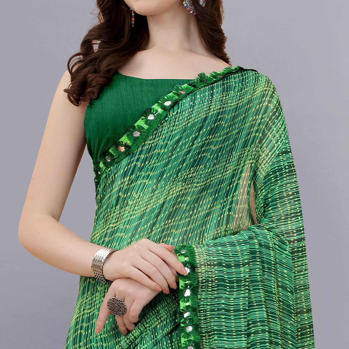 Green Floral Printed Georgette Saree