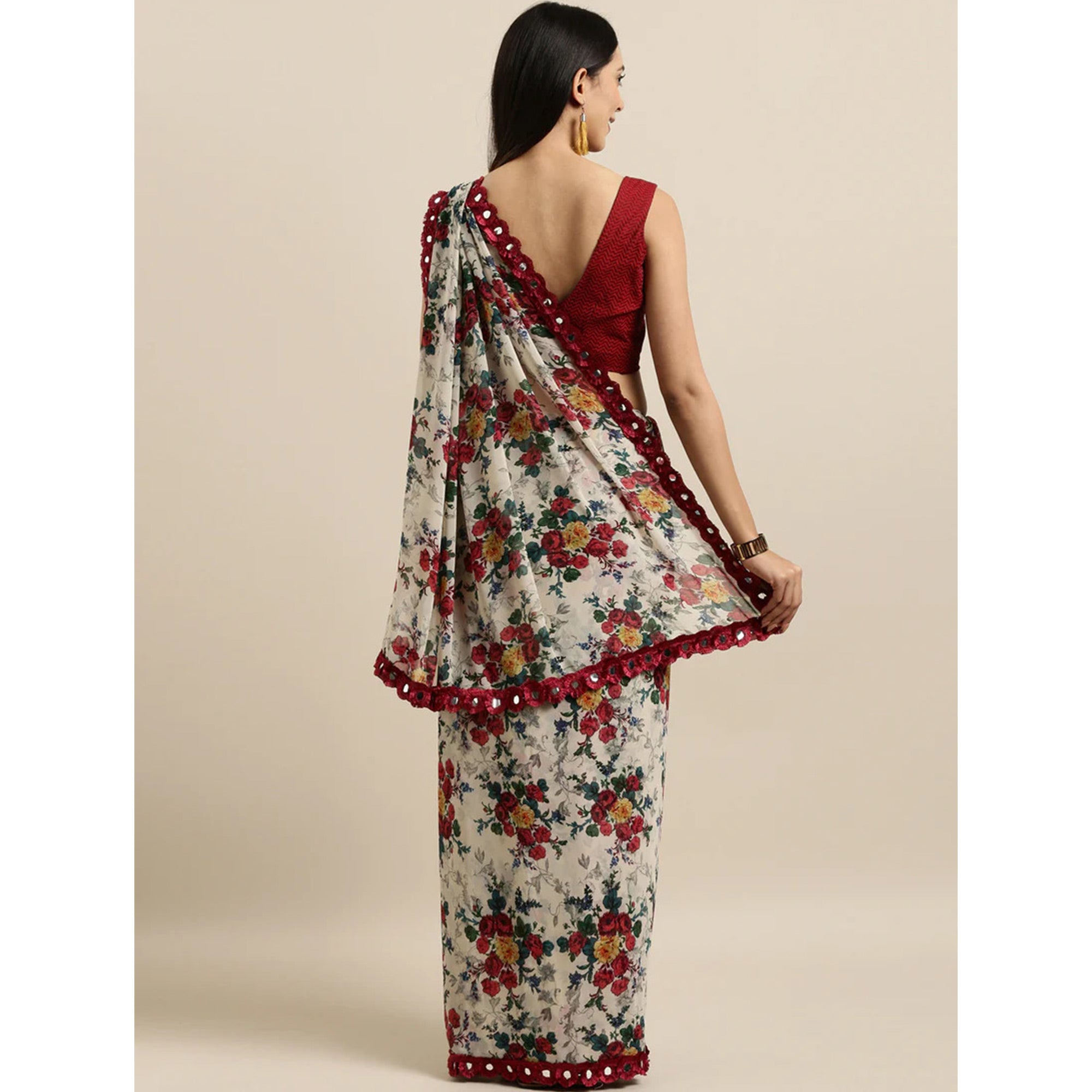 Off White Floral Printed Georgette Saree